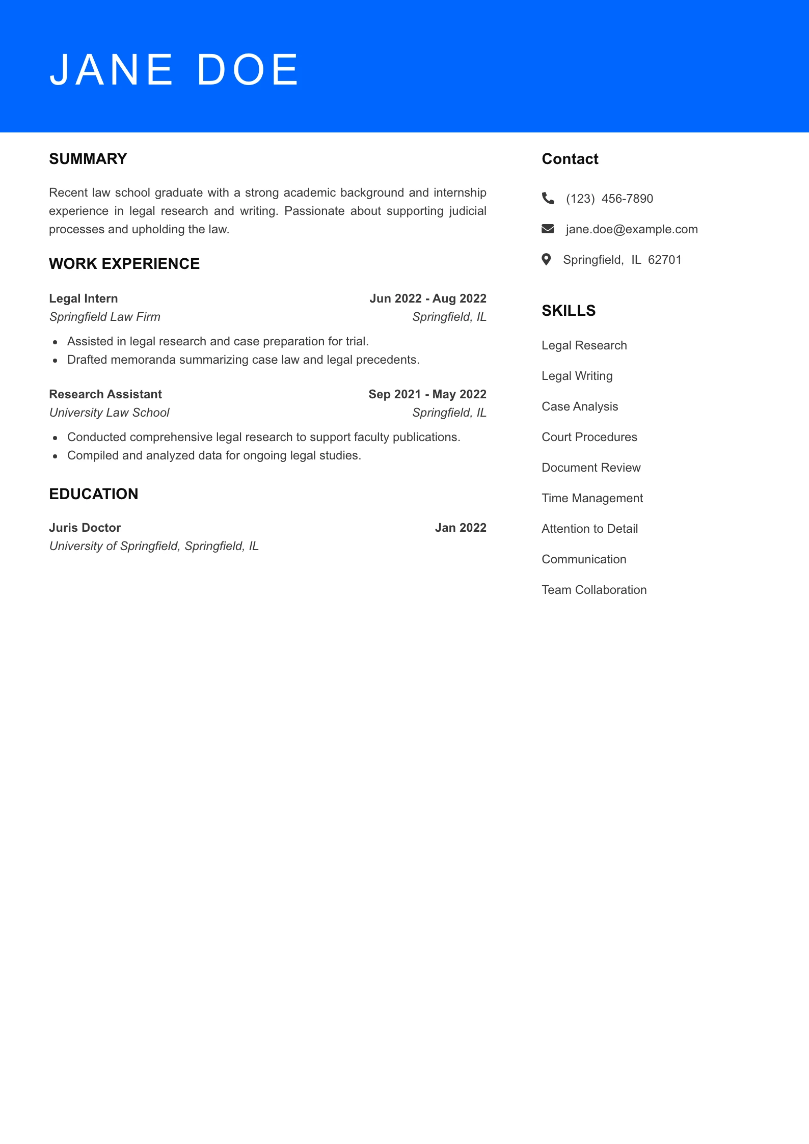 Selected Judicial Law Clerk Resume