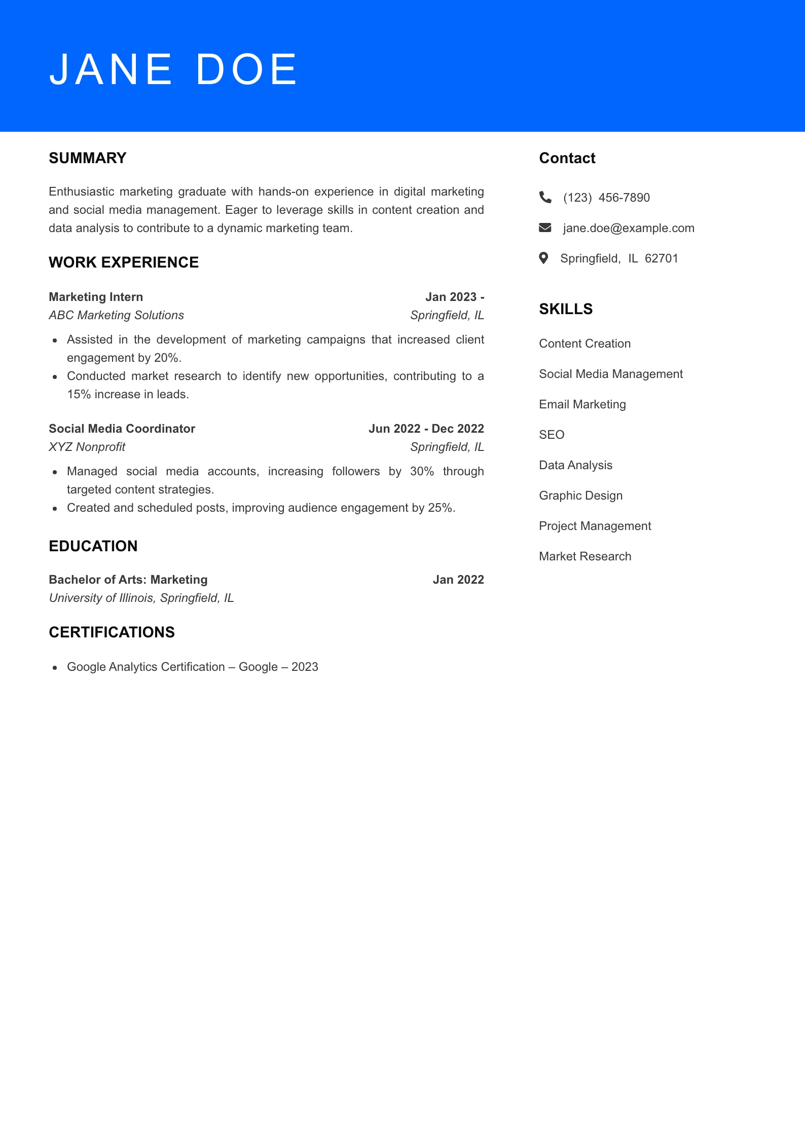 Selected Marketing Manager Resume