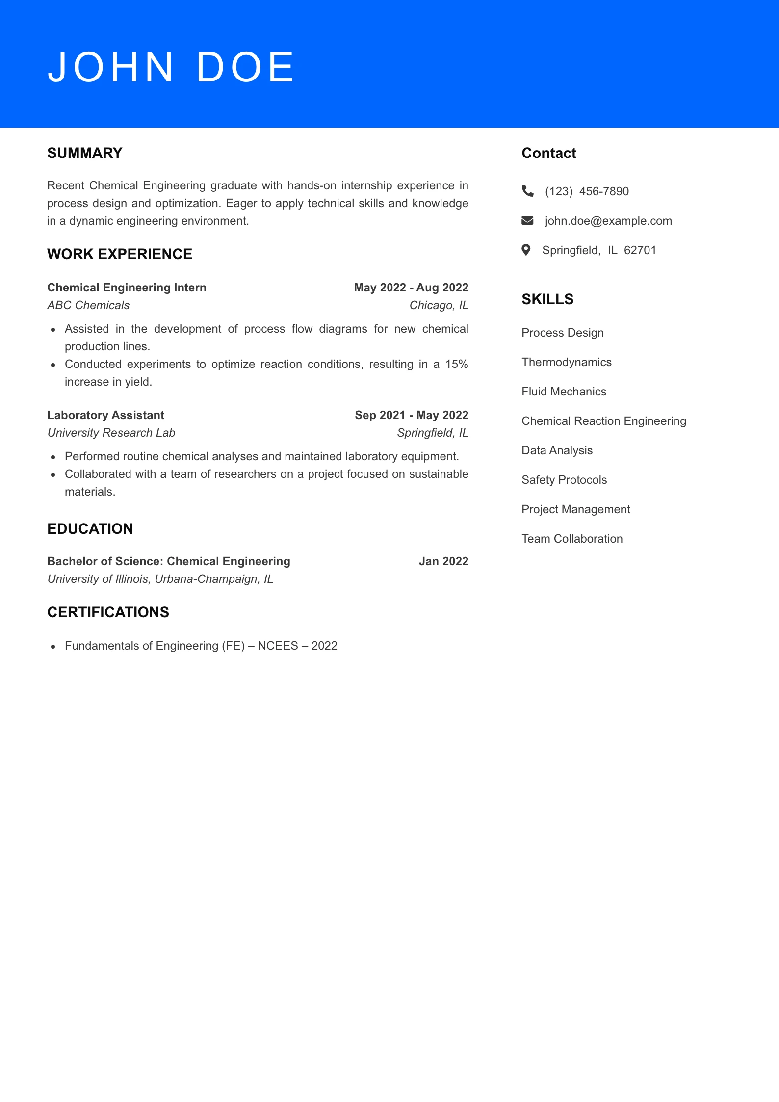 Entry Level Chemical Engineer Resume Example