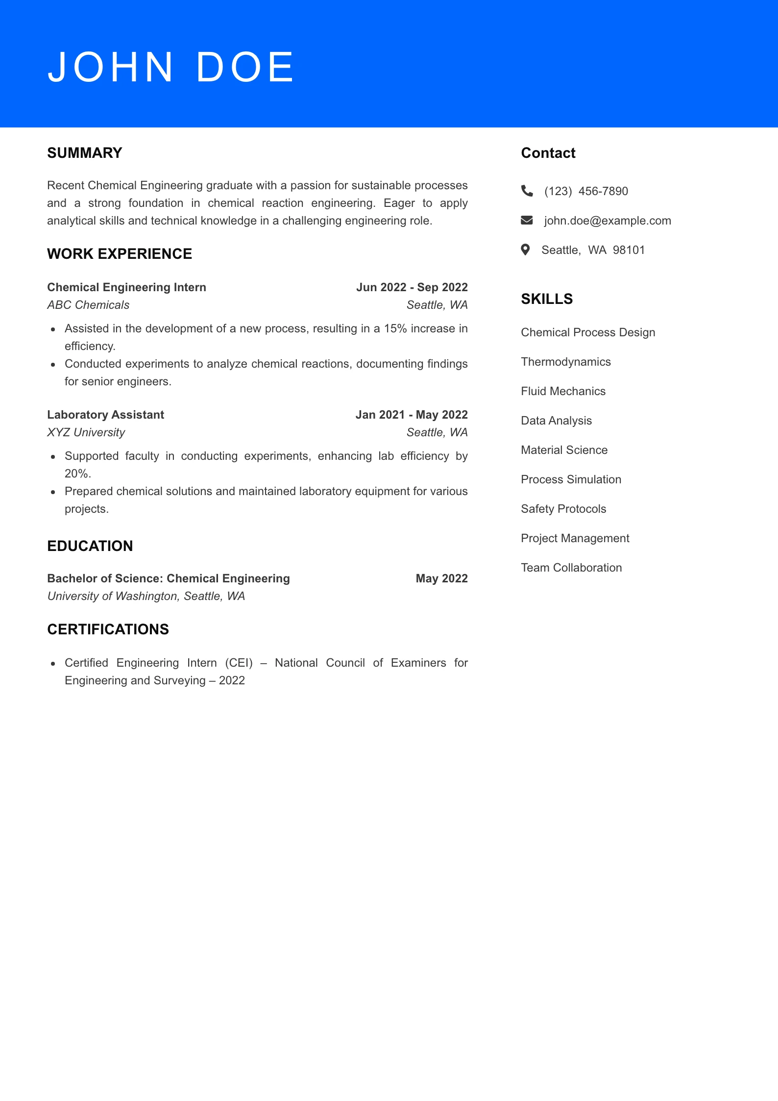 Selected Chemical Engineer Resume