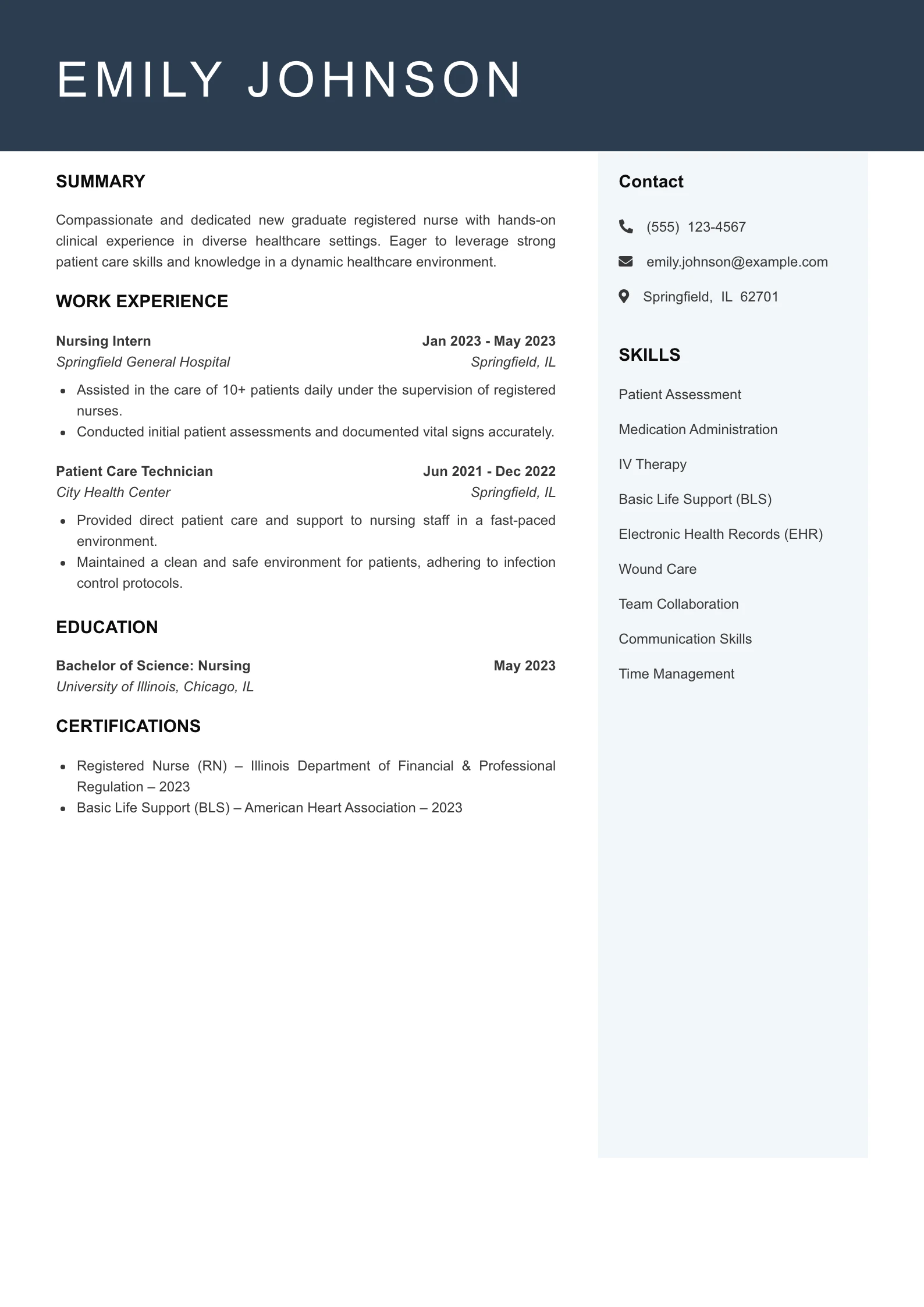 Entry Level RN (New Grad) Resume Example