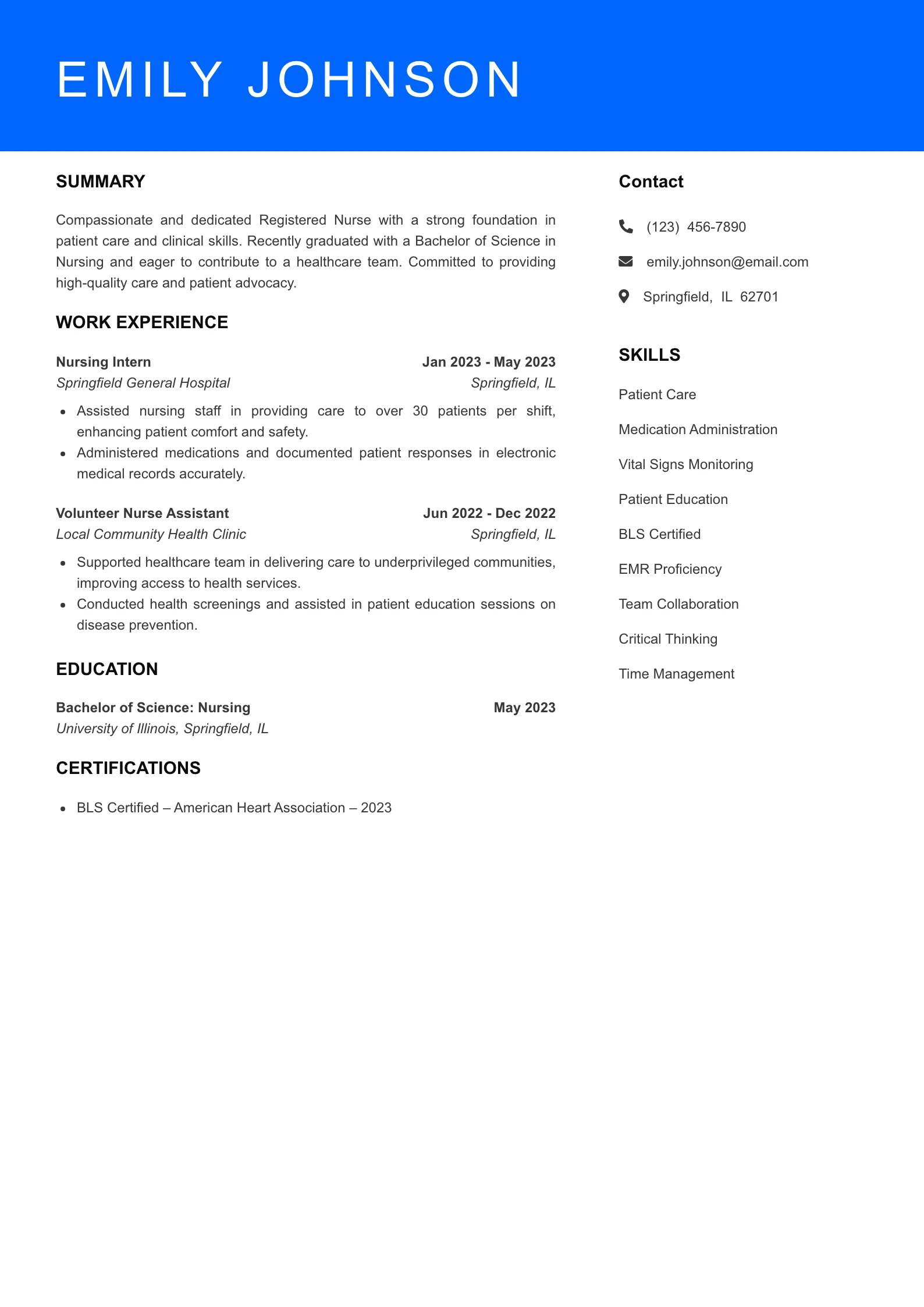 Selected RN (New Grad) Resume