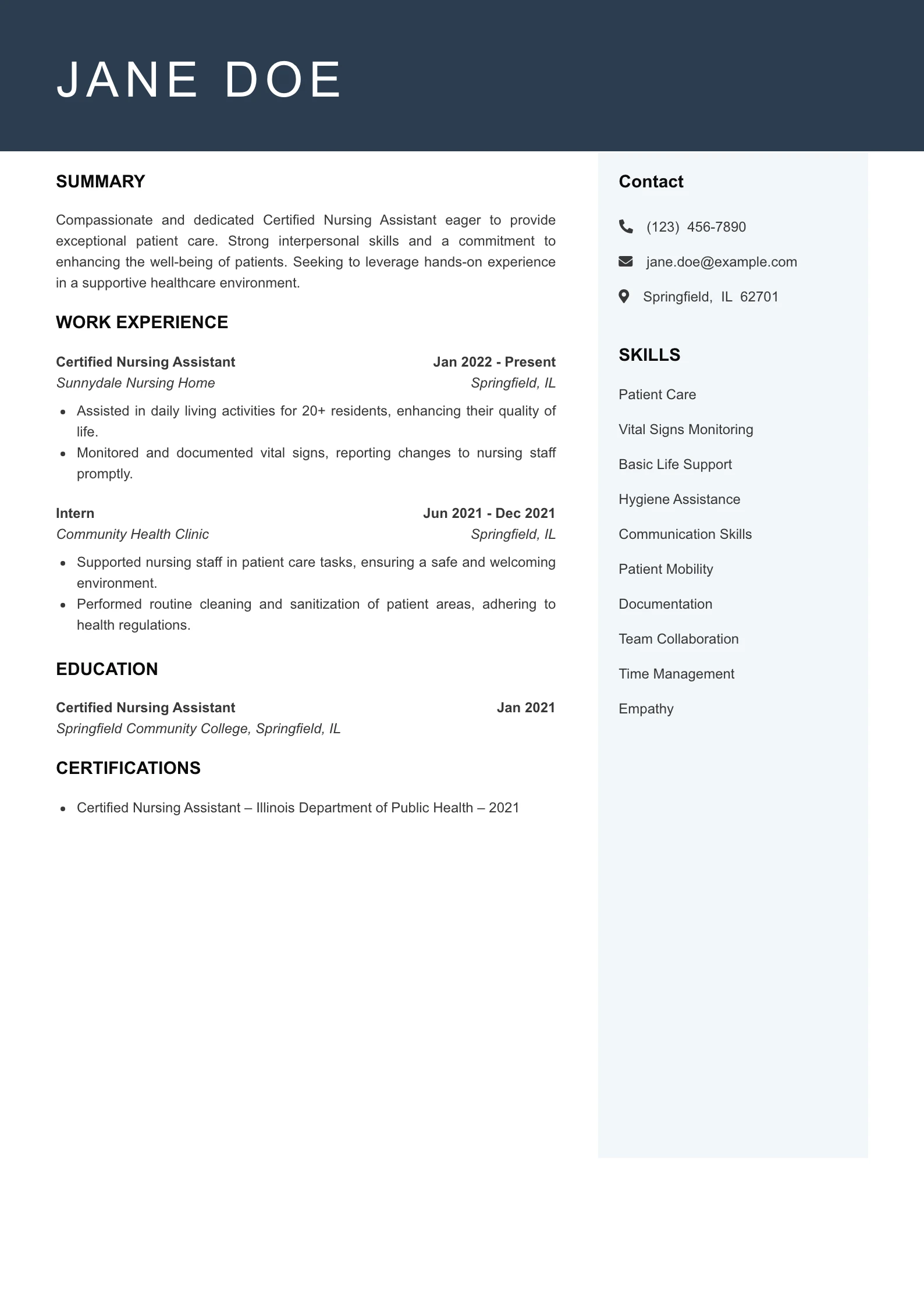 Entry Level CNA Resume Example
