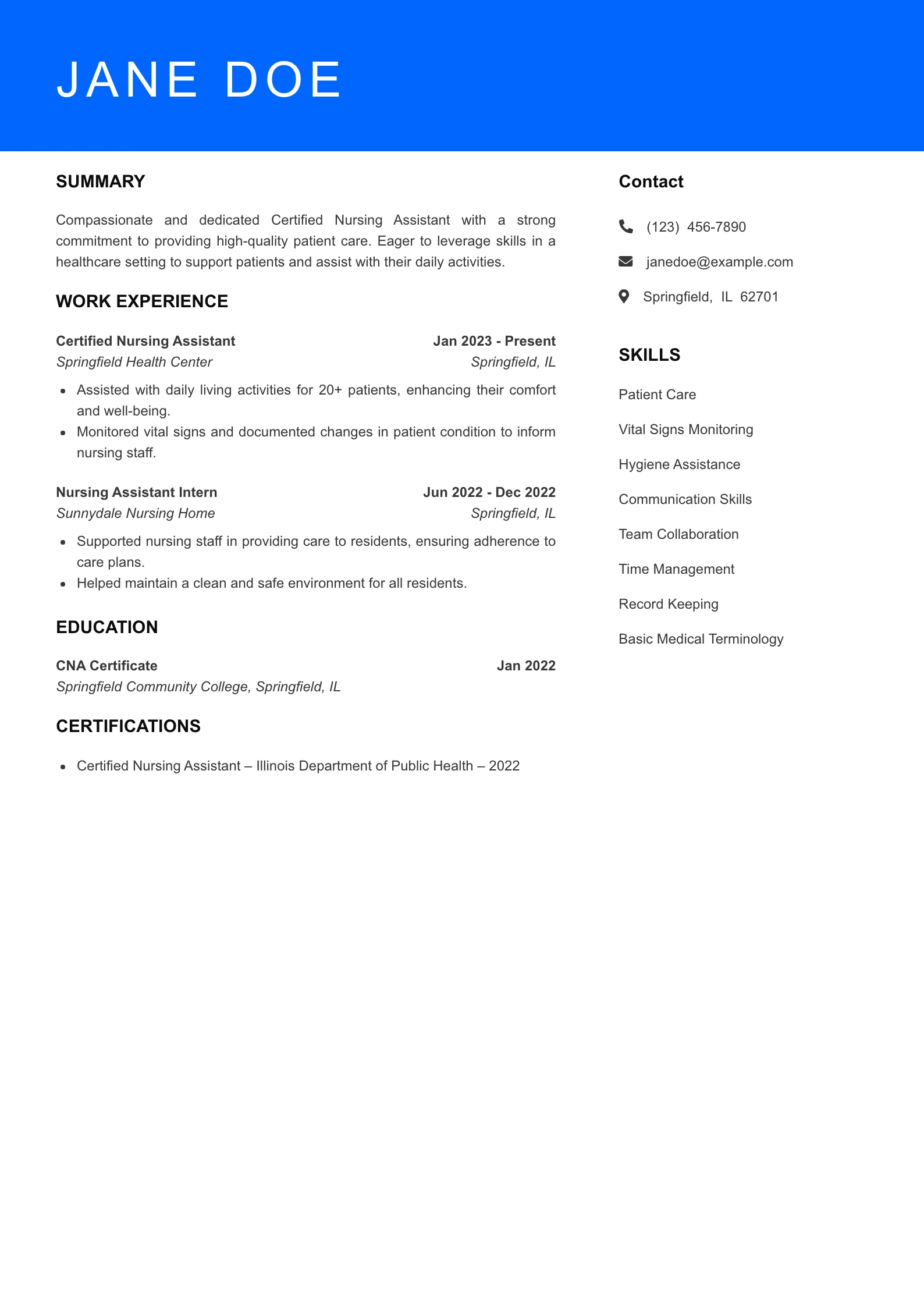 Selected CNA Resume
