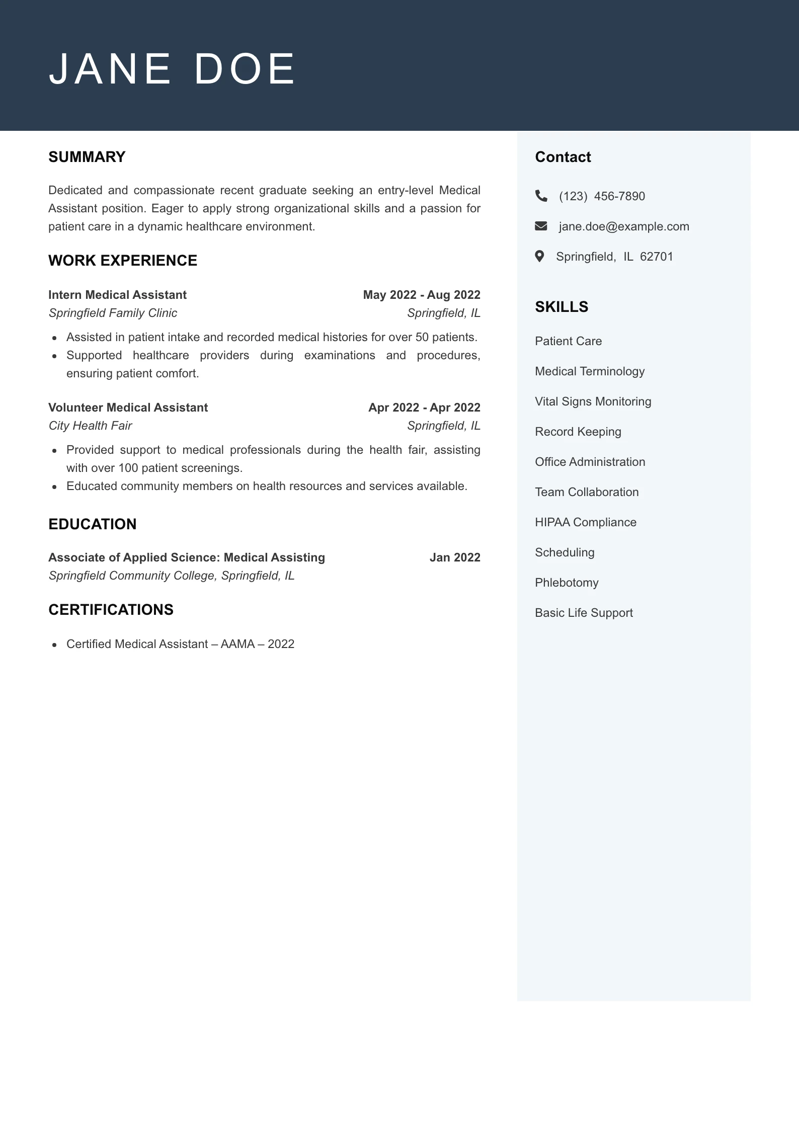 Entry Level Medical Assistant Resume Example