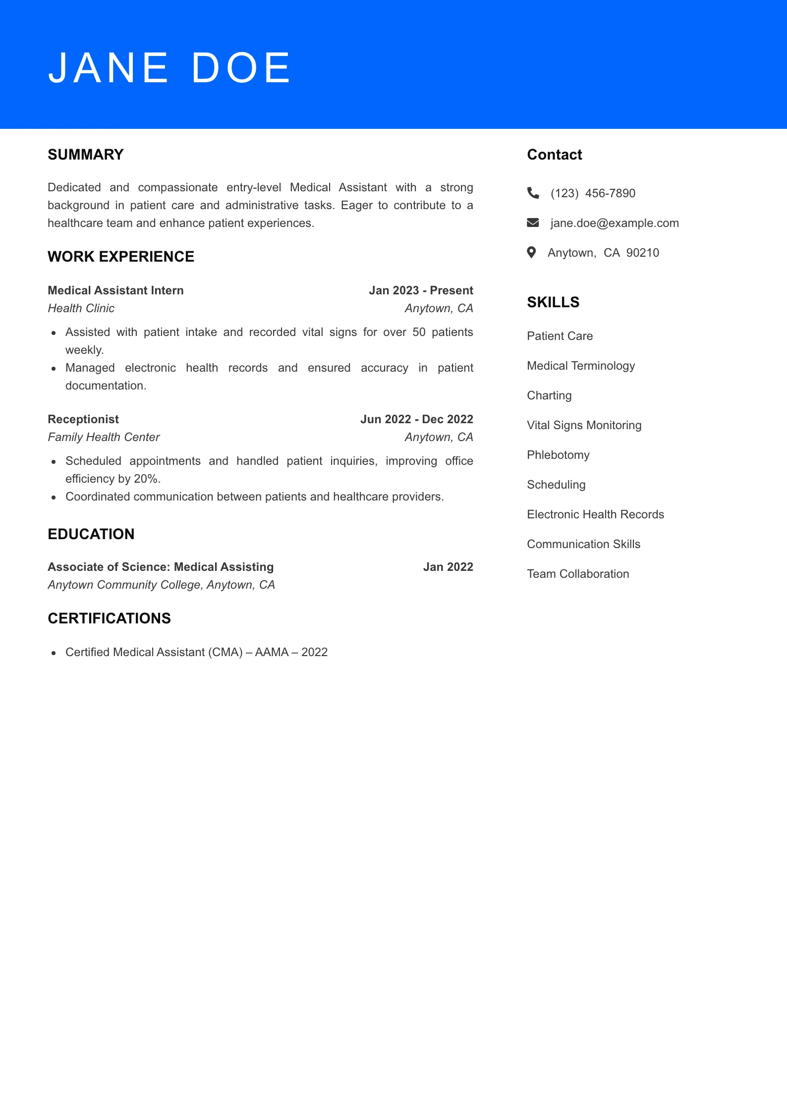 Selected Medical Assistant Resume