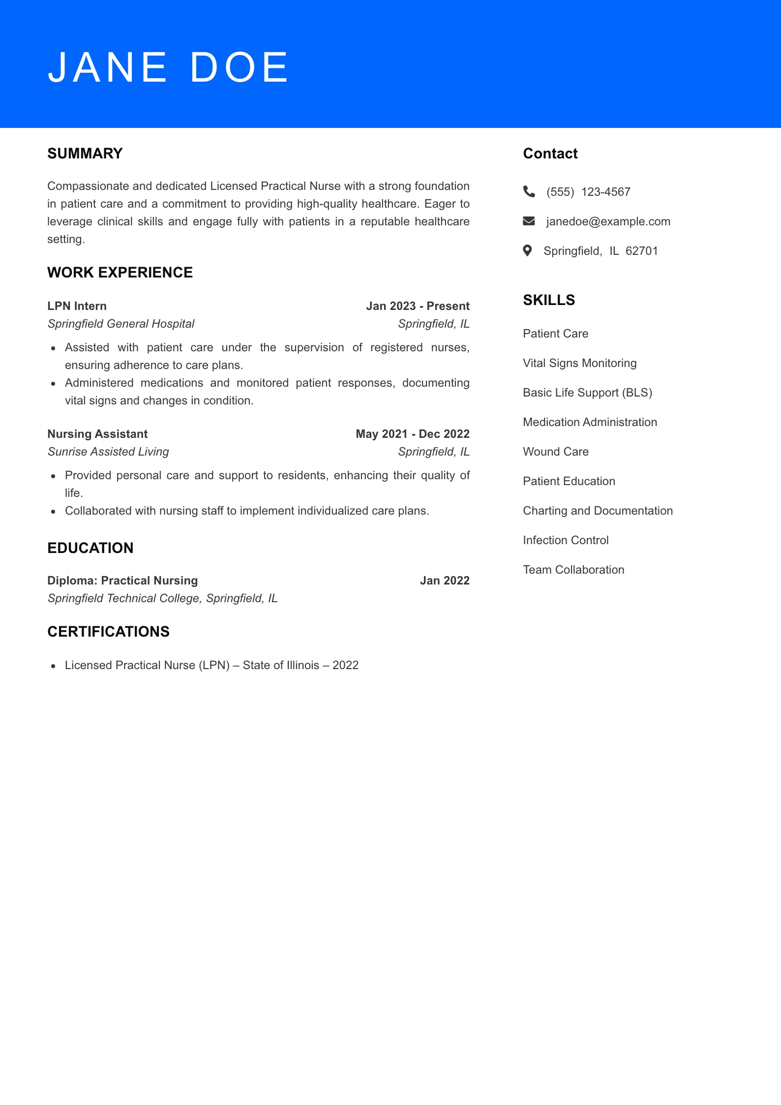 Selected Licensed Practical Nurse Resume