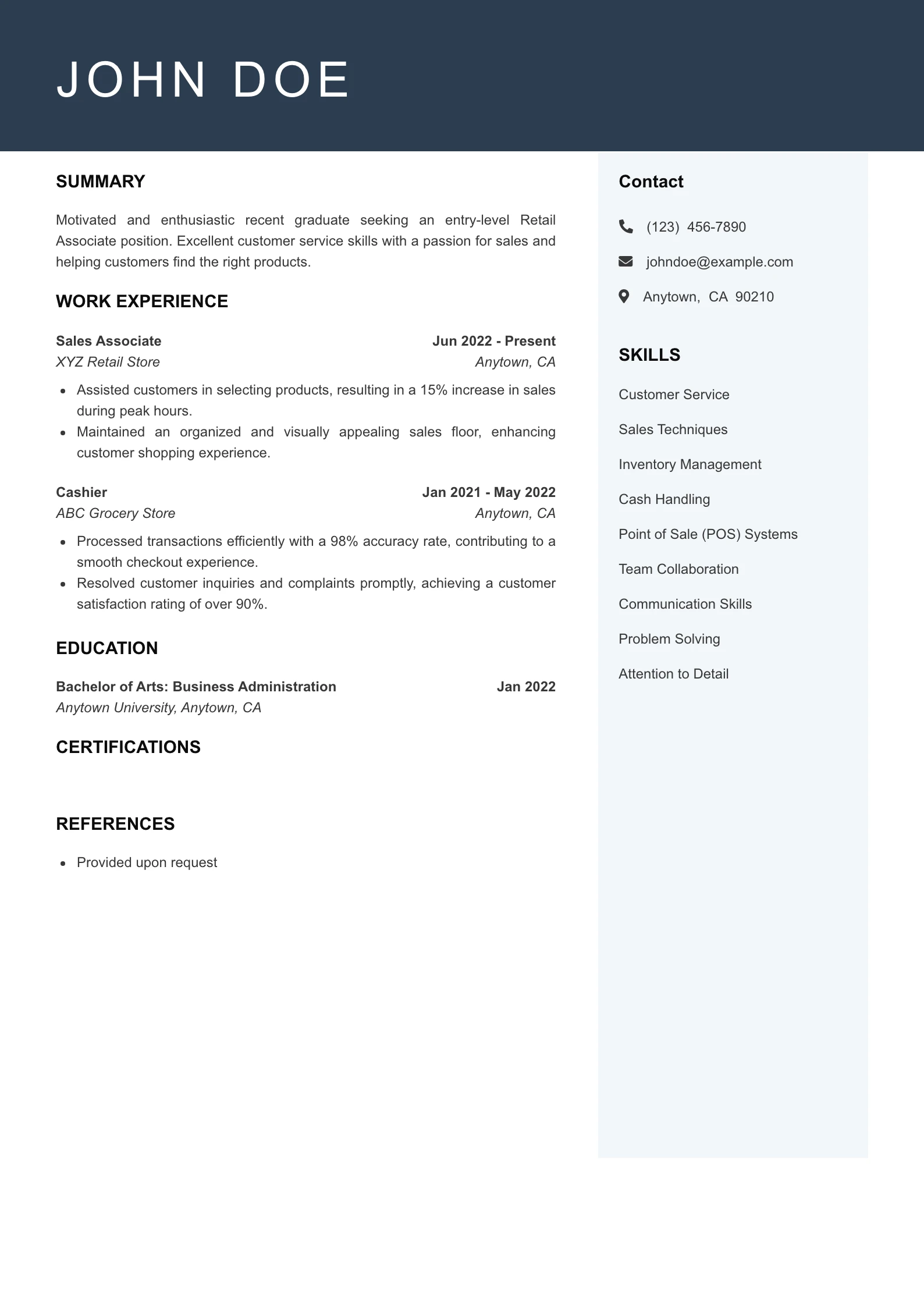 Entry Level Retail Associate Resume Example
