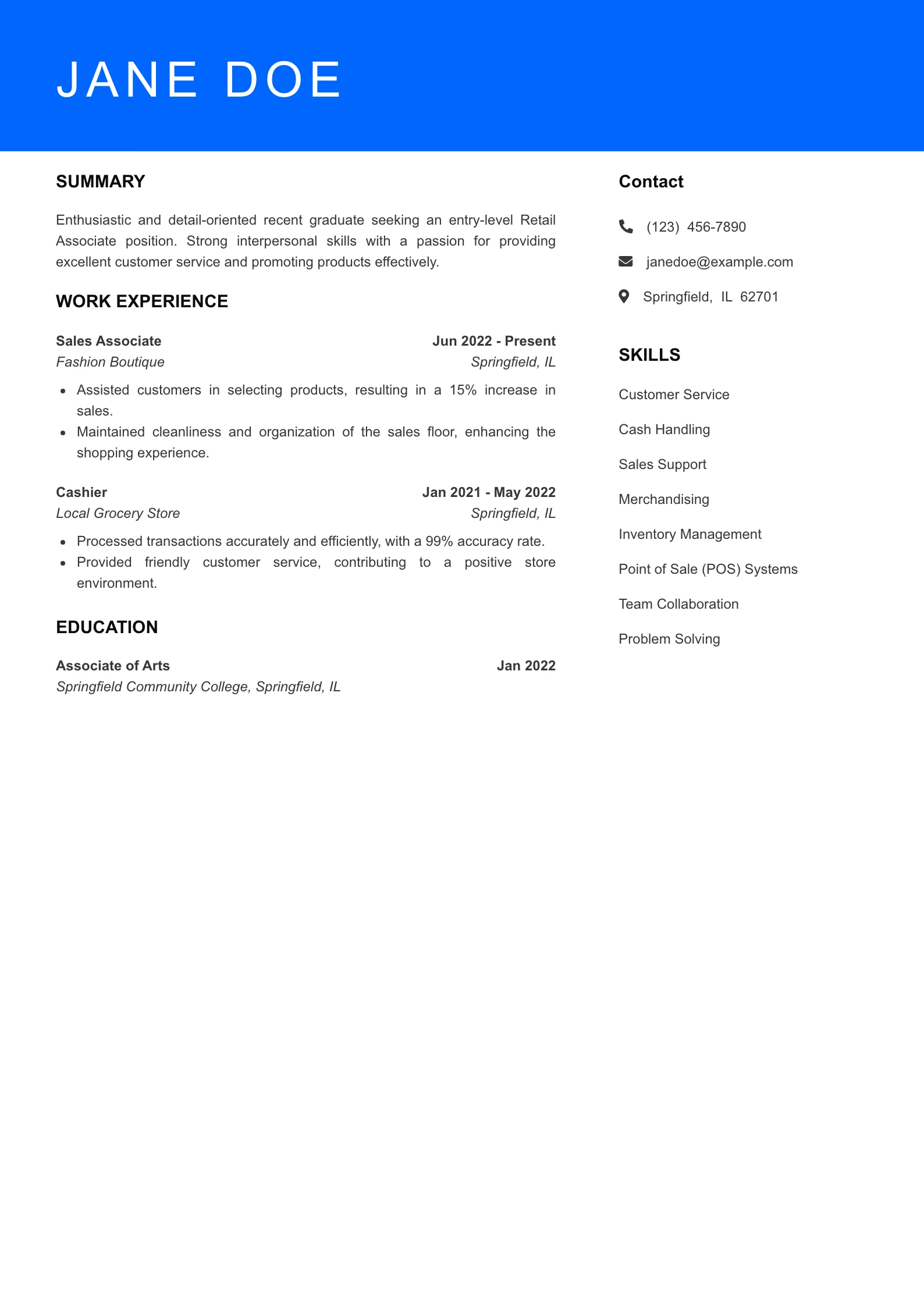 Selected Retail Associate Resume