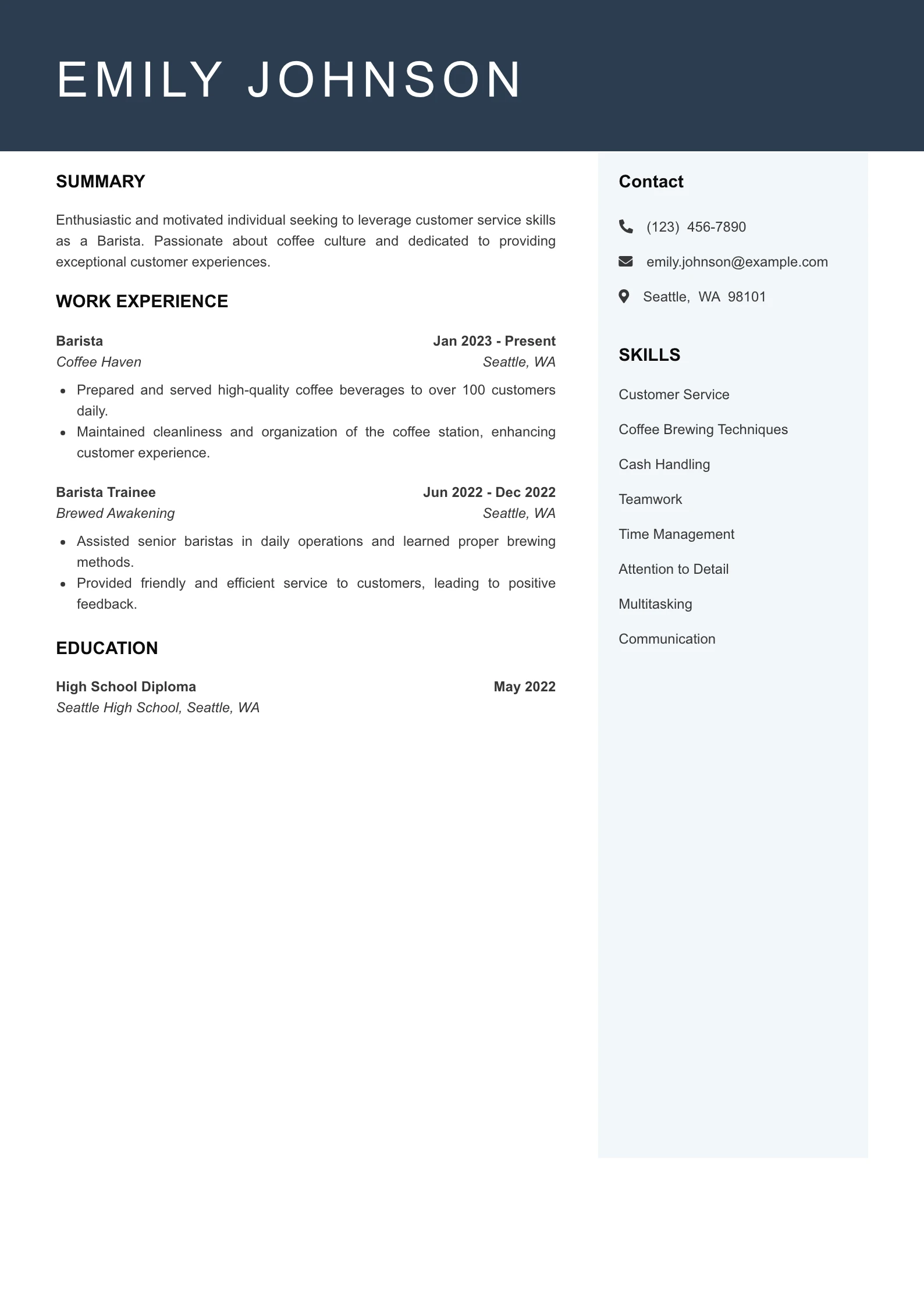 Entry Level Barista Resume Example