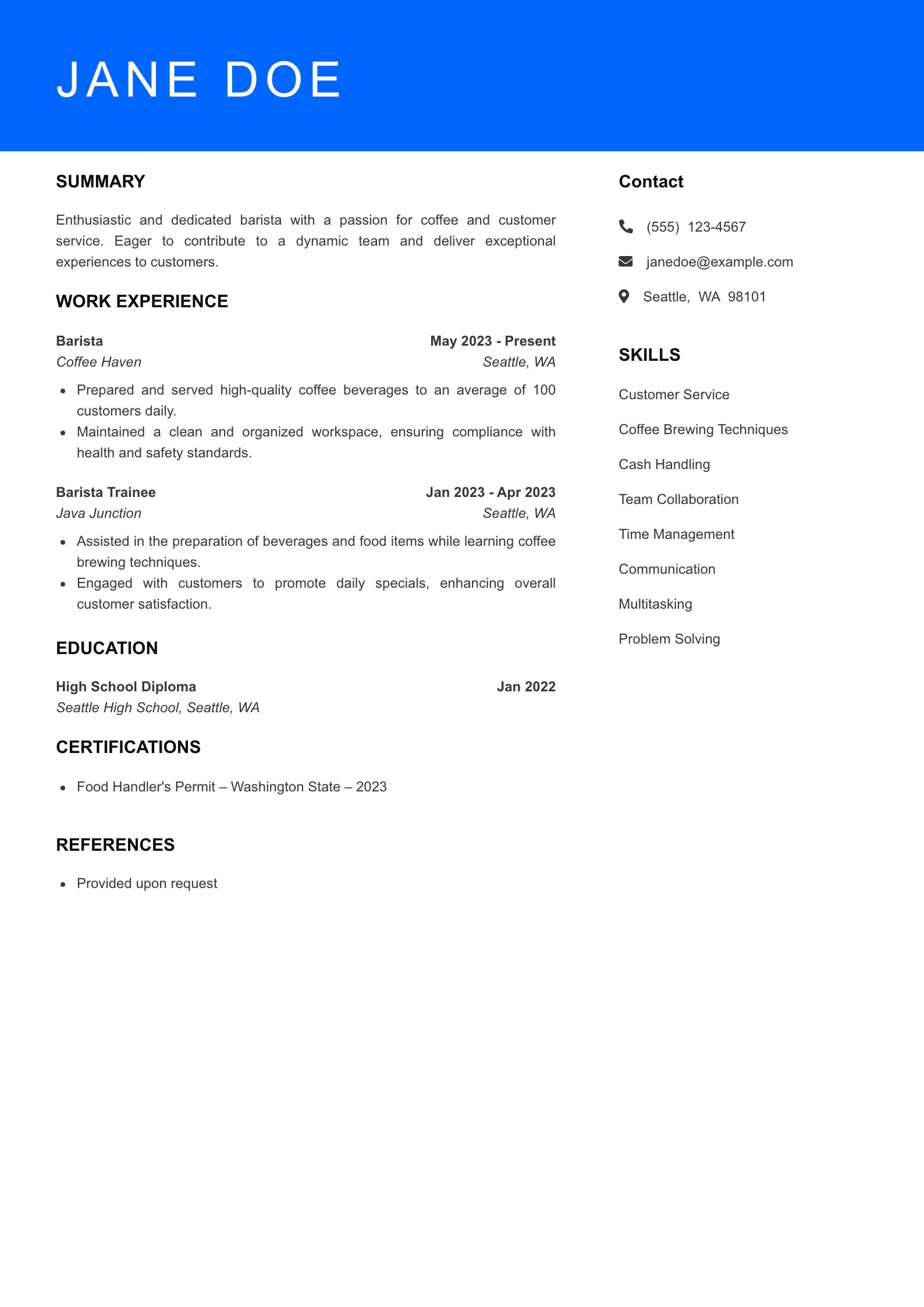 Selected Barista Resume