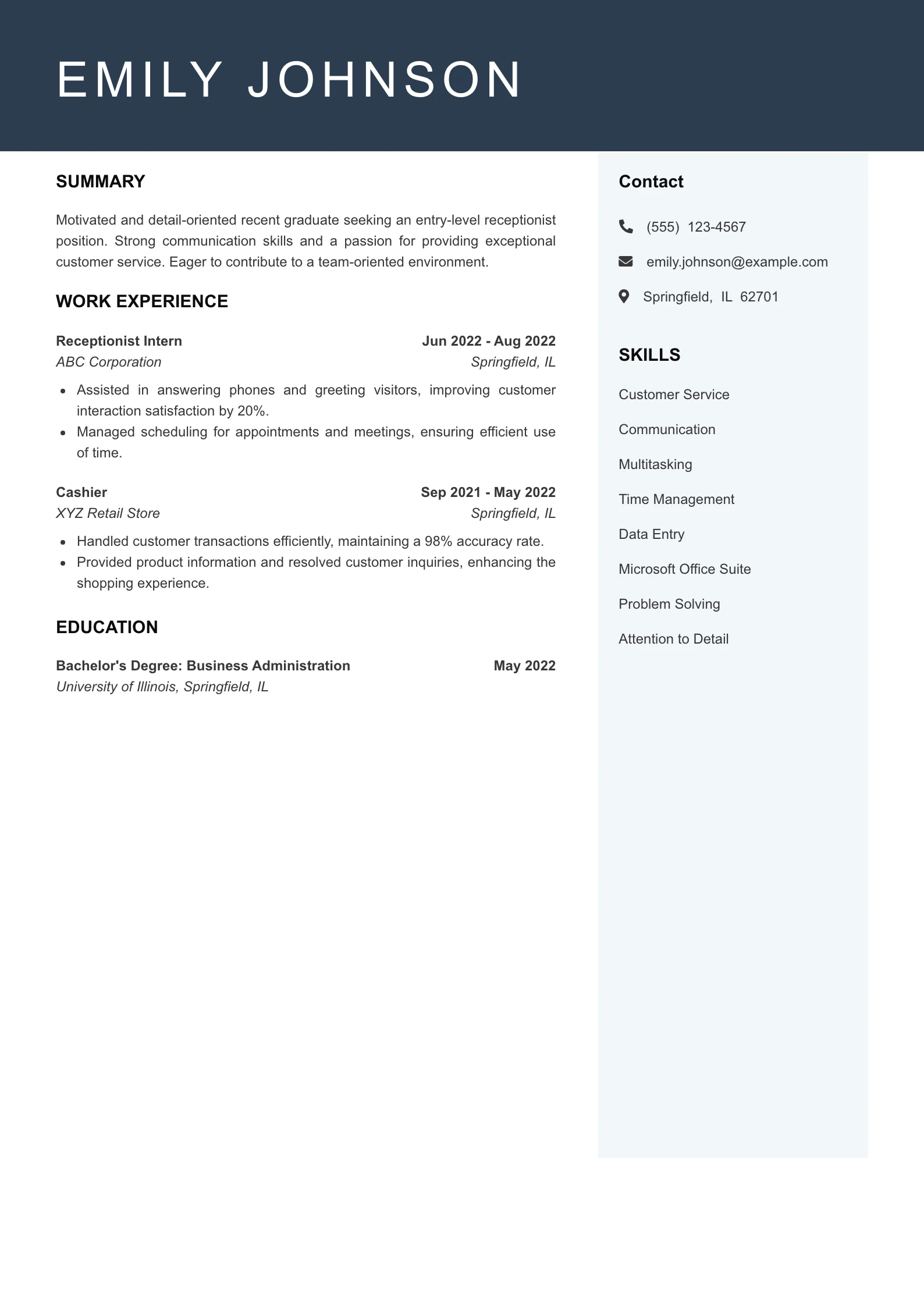 Entry Level Receptionist Resume Example