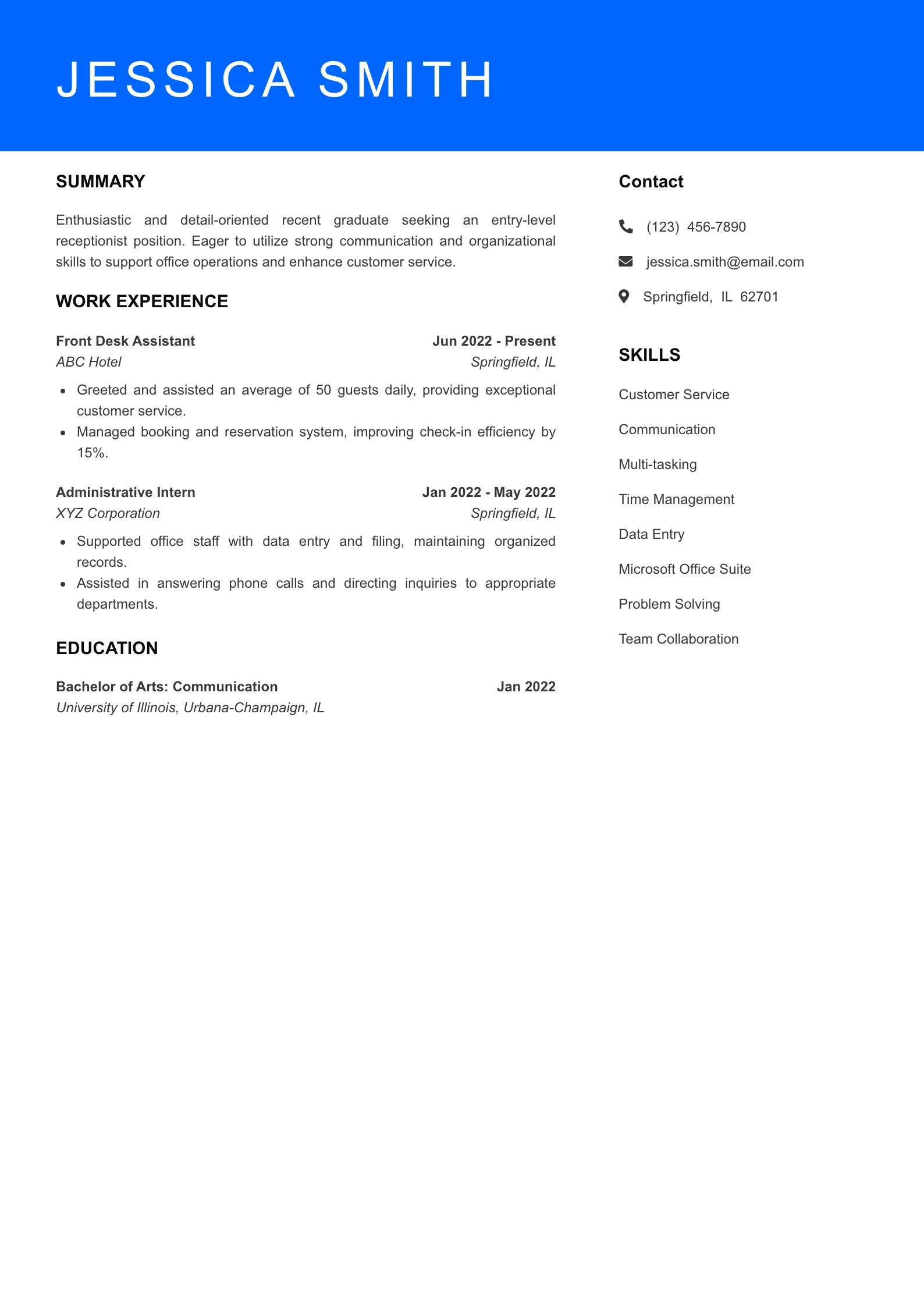 Selected Receptionist Resume