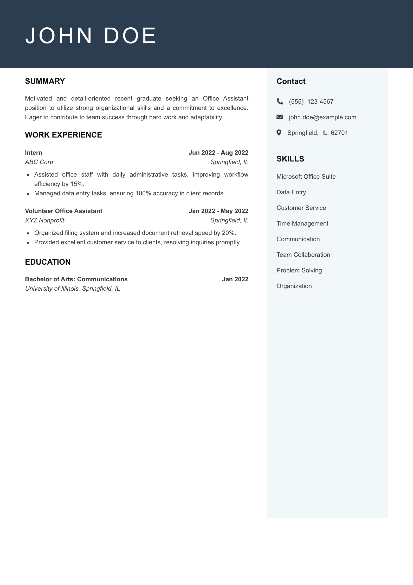 Entry Level Office Assistant Resume Example