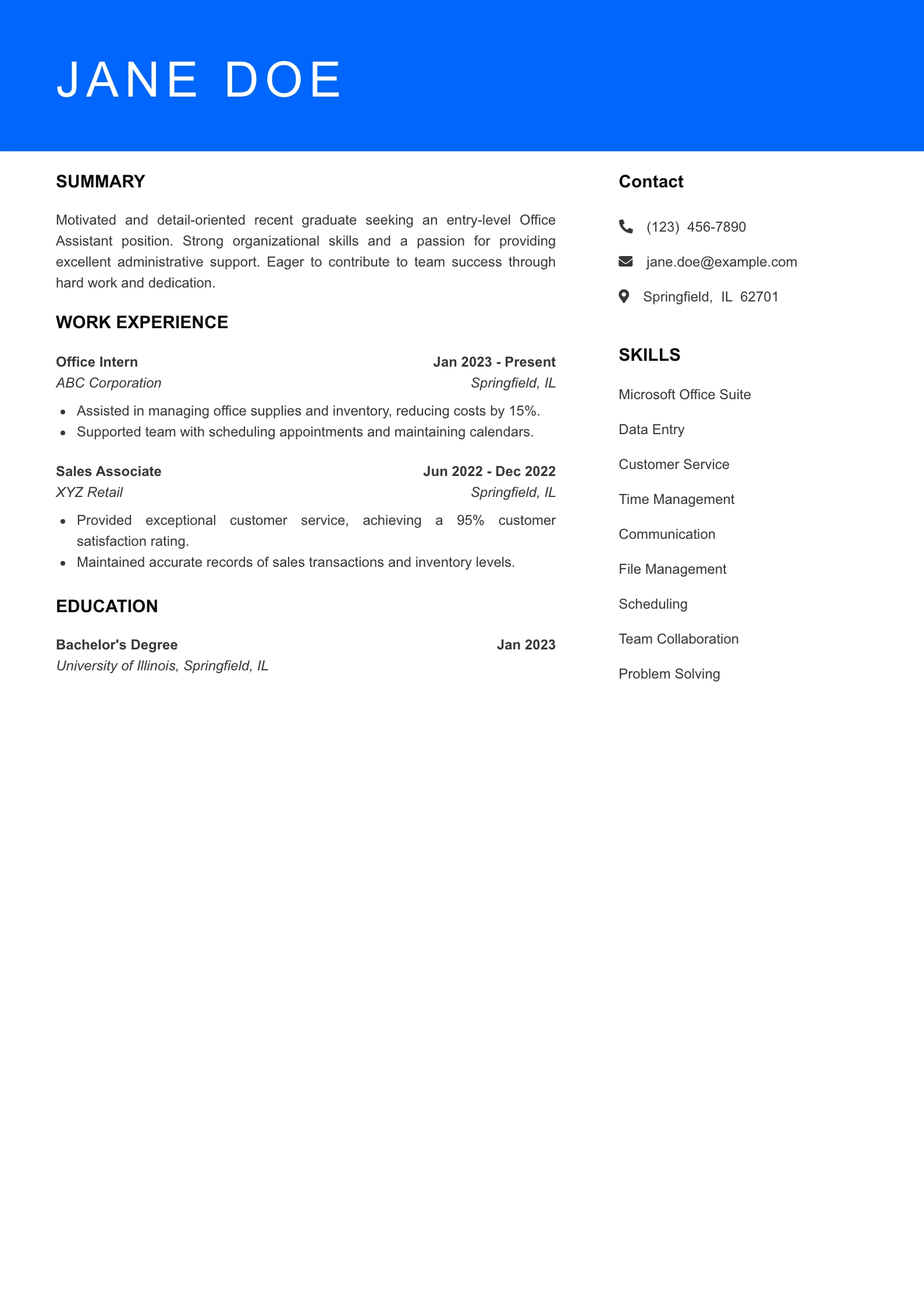 Selected Office Assistant Resume