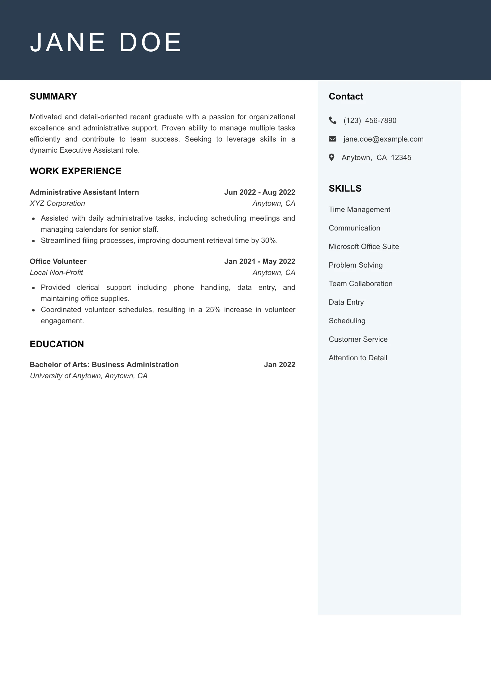Entry Level Executive Assistant Resume Example