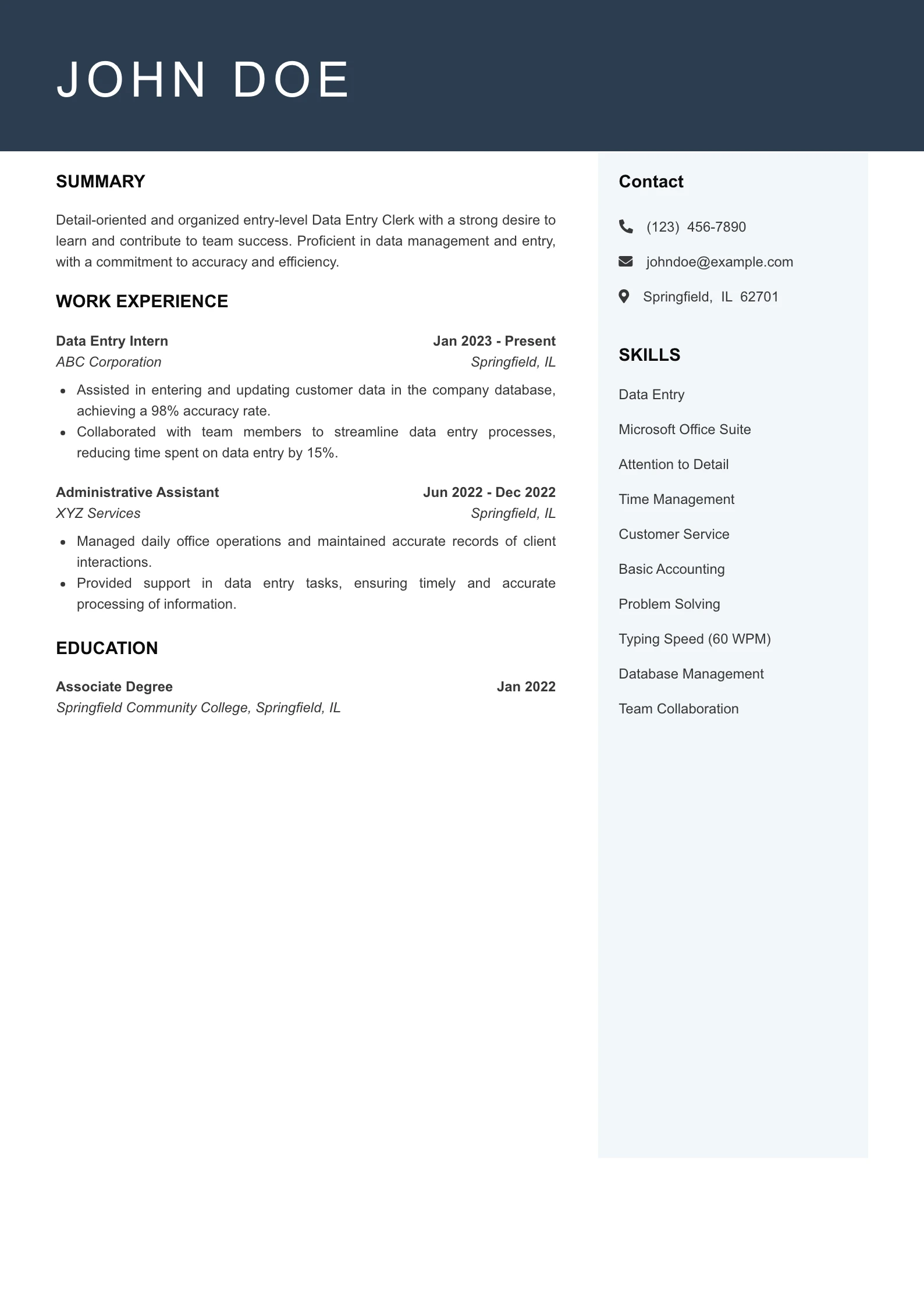 Entry Level Data Entry Clerk Resume Example