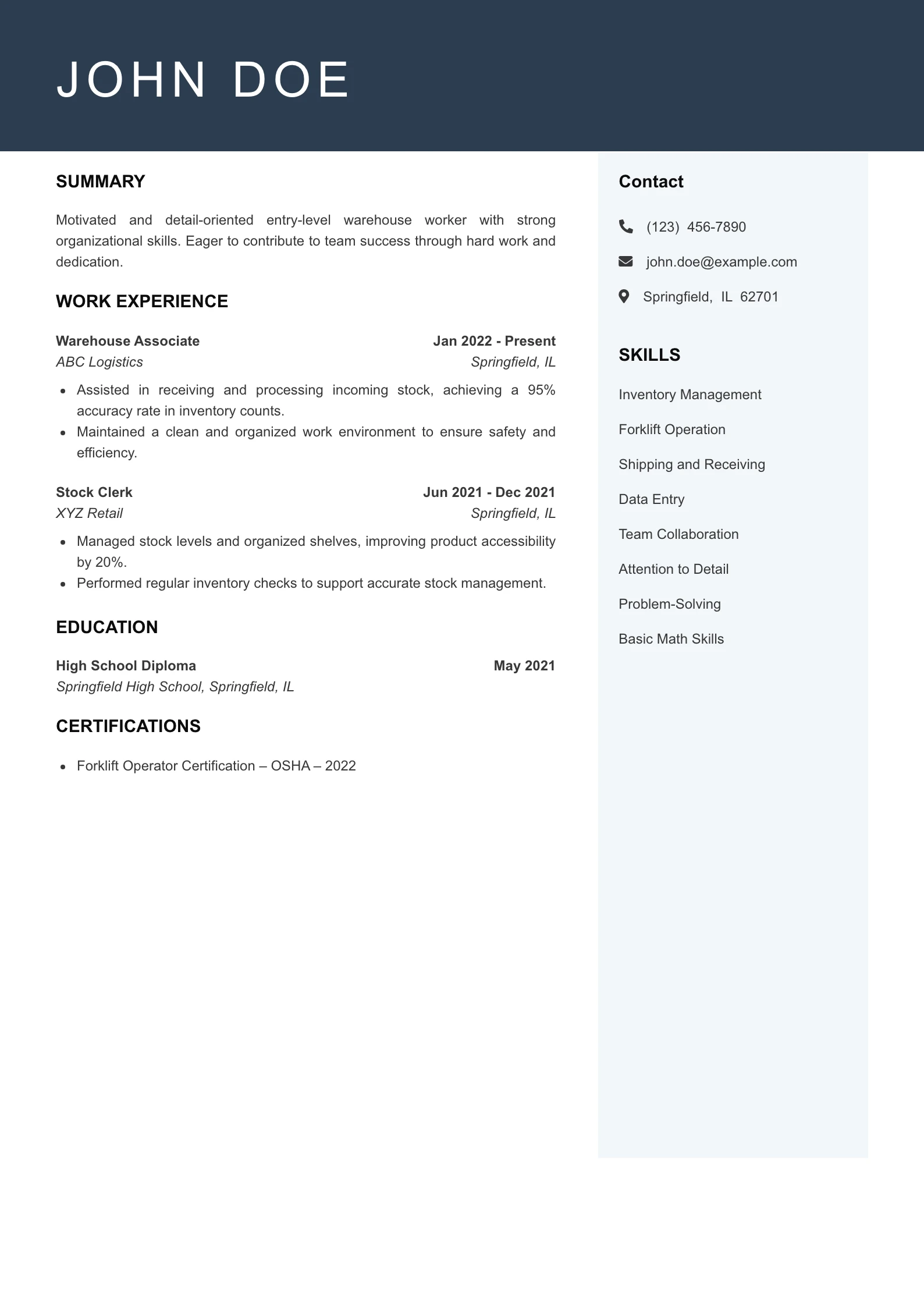 Entry Level Warehouse Worker Resume Example