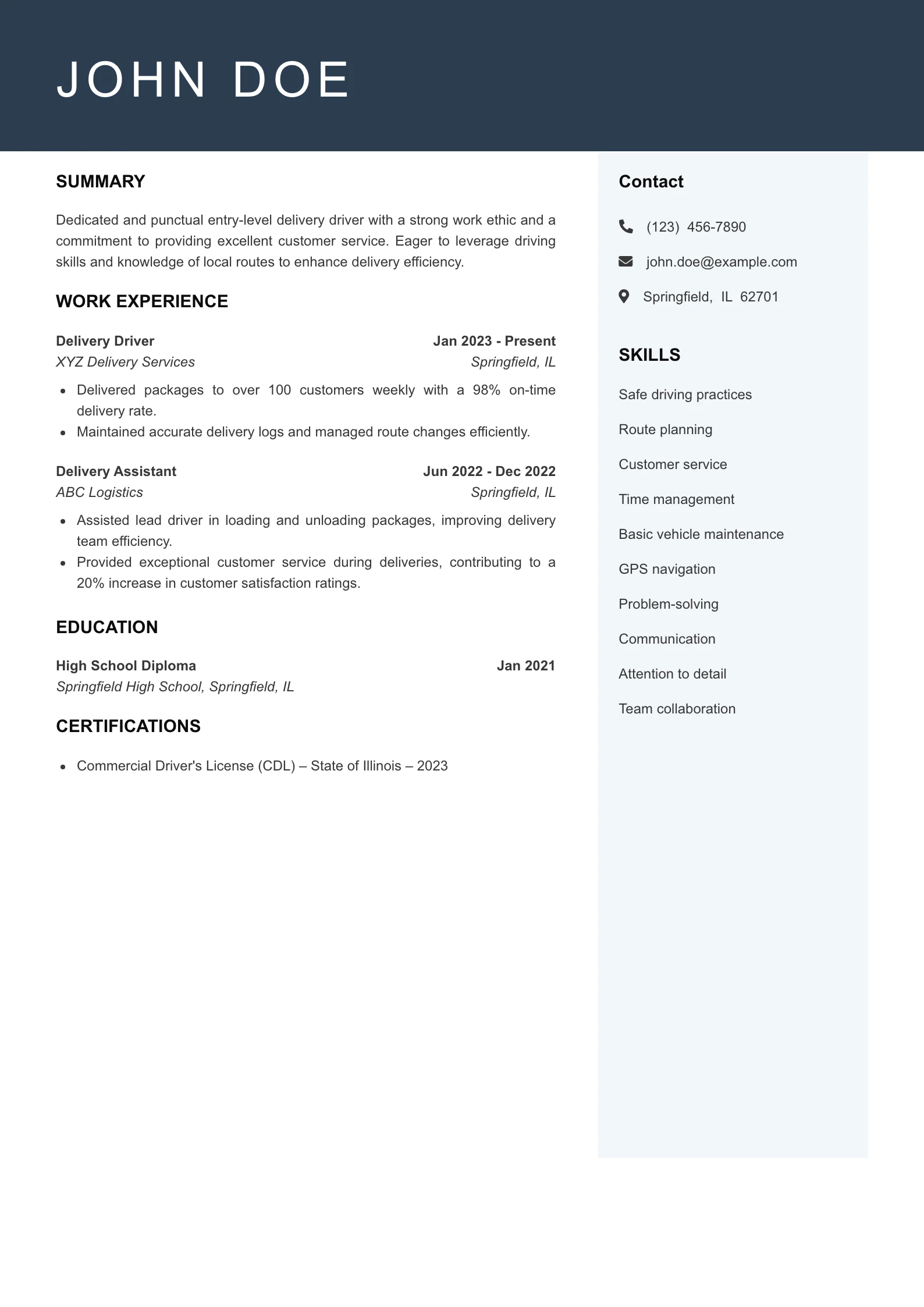 Entry Level Delivery Driver Resume Example