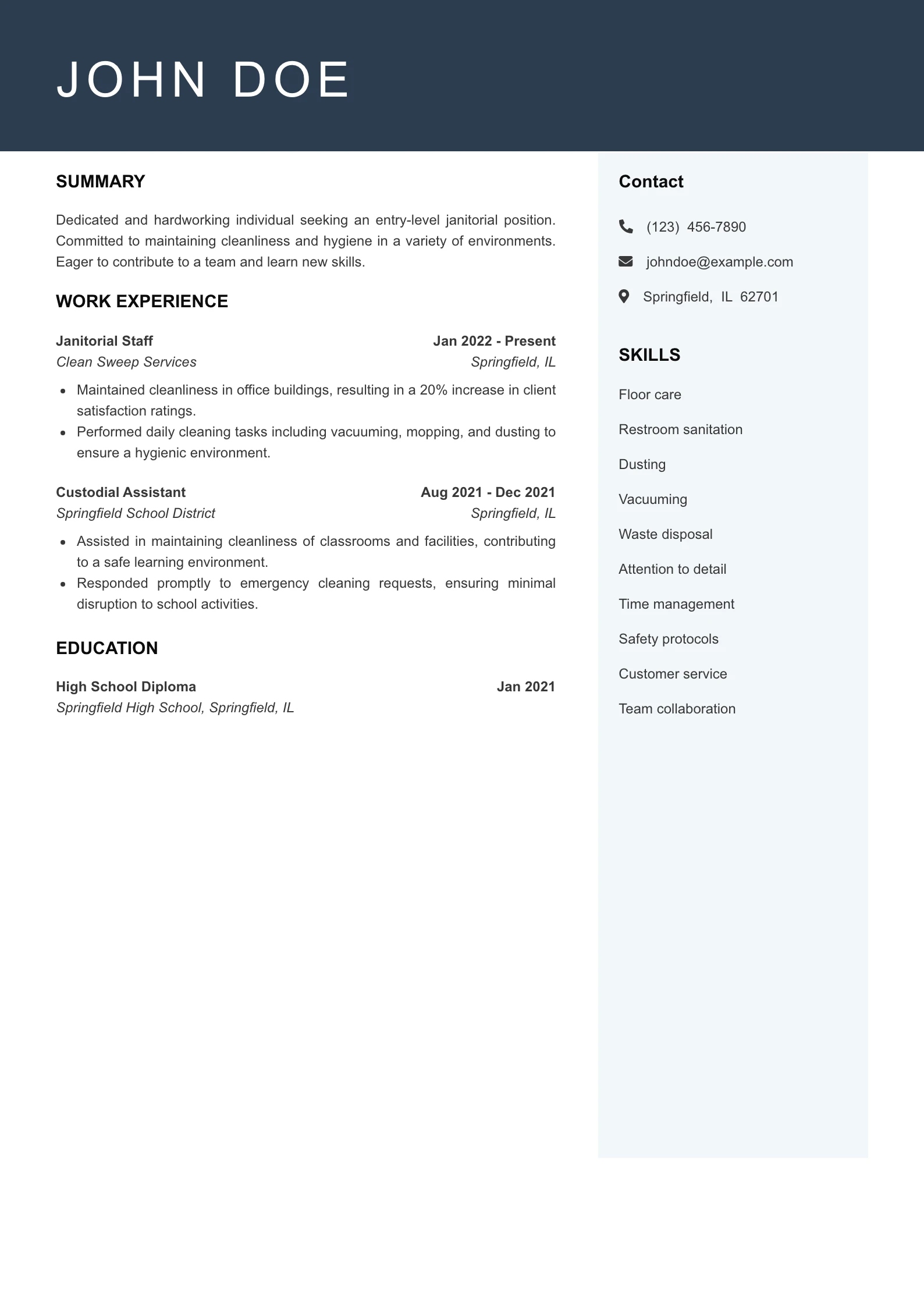 Entry Level Janitor Resume Example