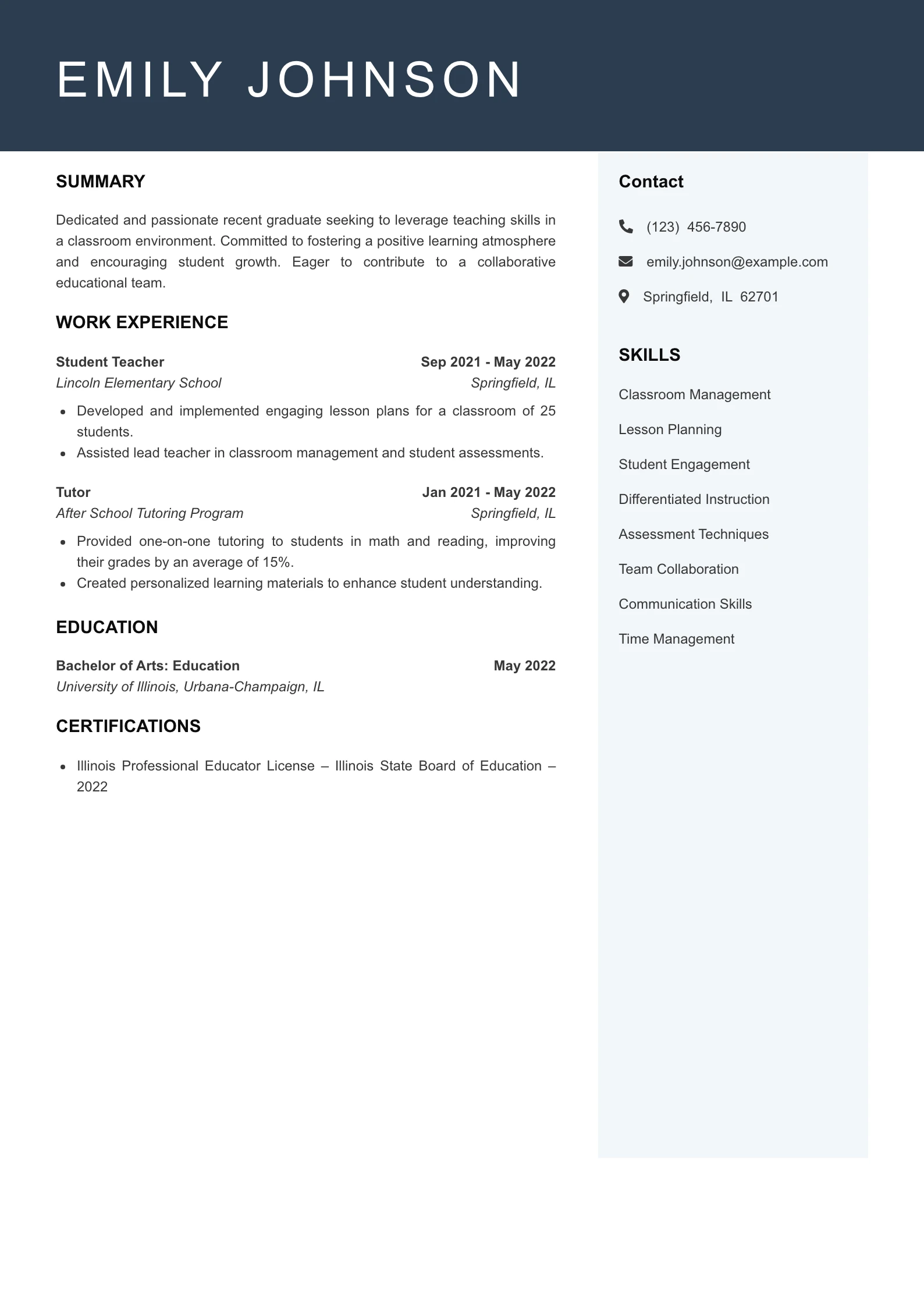 Entry Level Teacher Resume Example