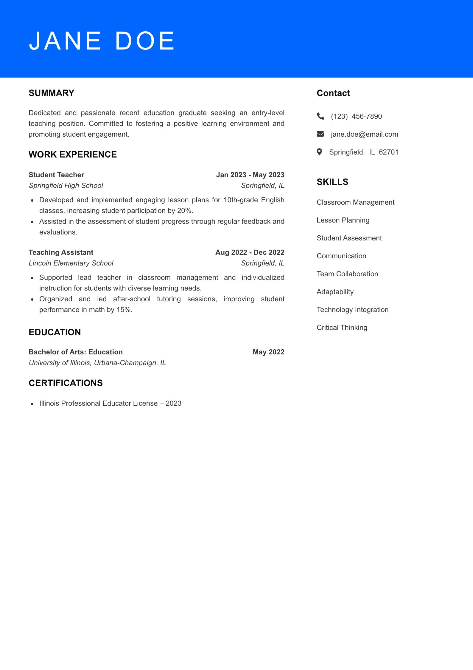 Selected Teacher Resume