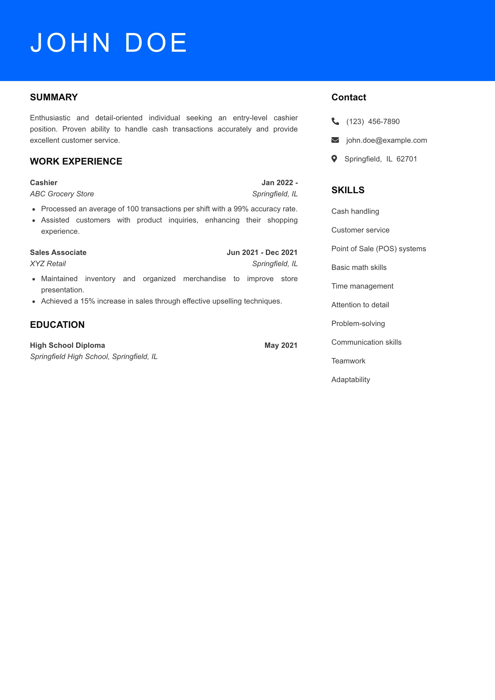 Entry Level Cashier Resume Example