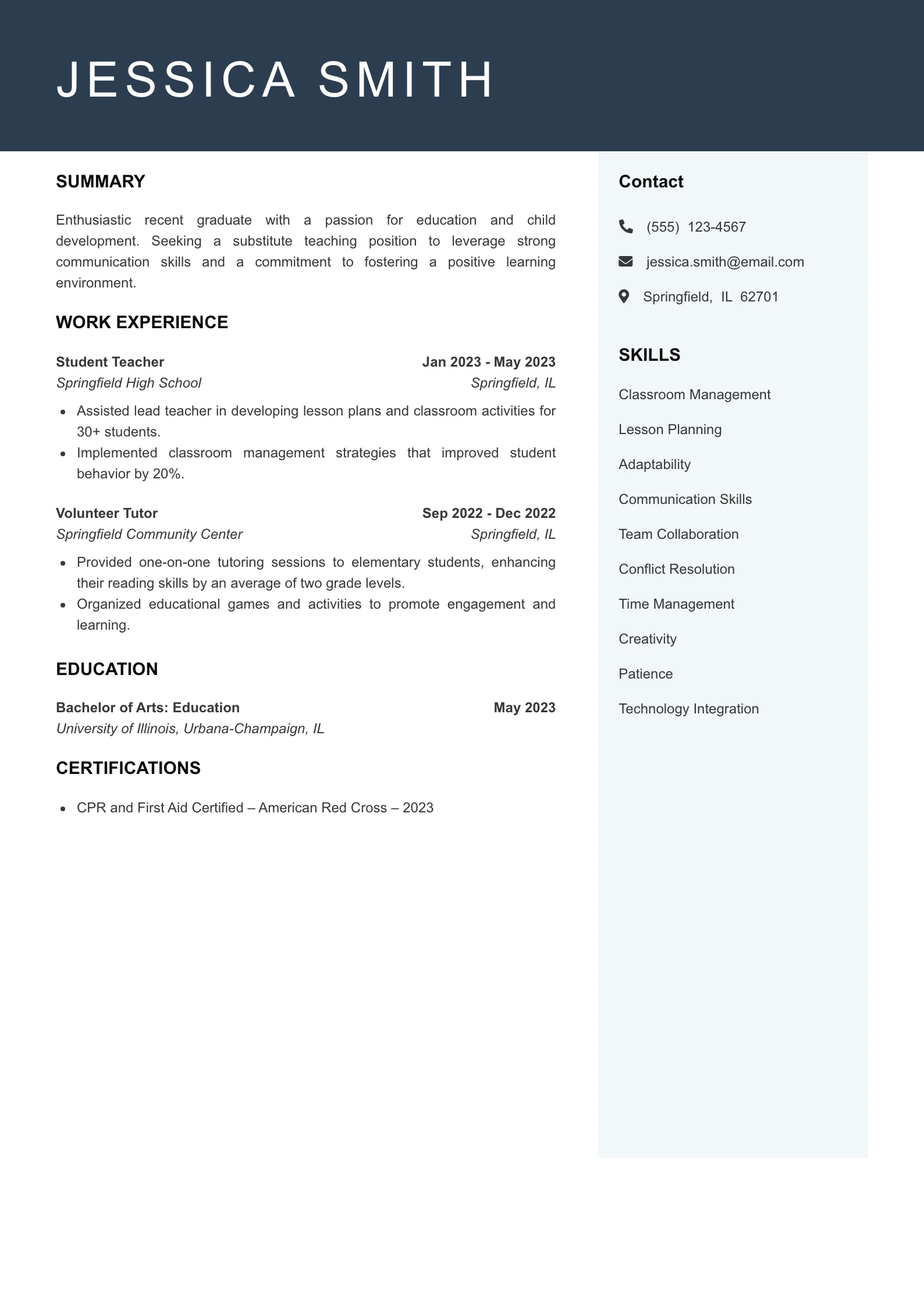 Entry Level Substitute Teacher Resume Example