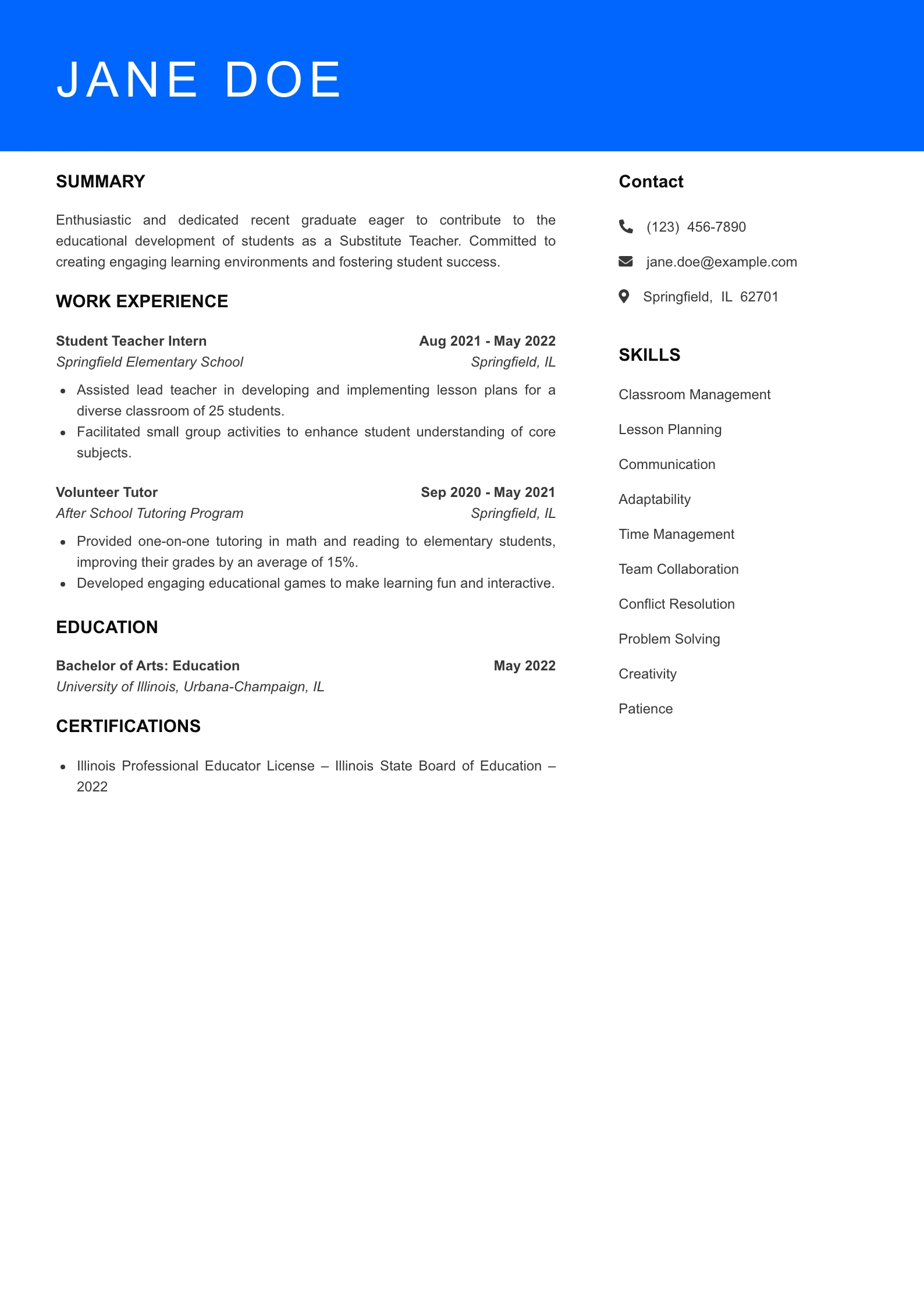 Selected Substitute Teacher Resume