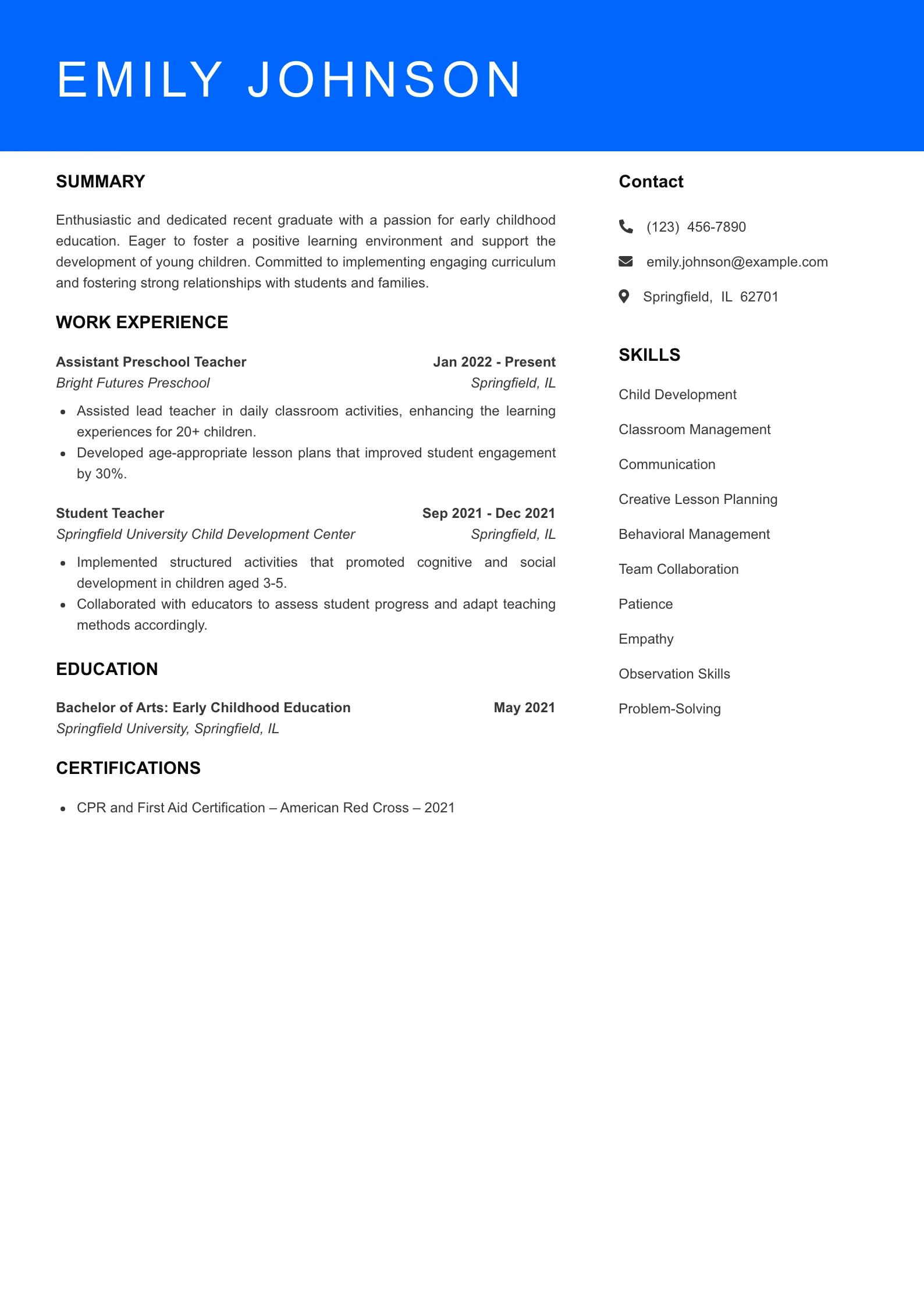 Selected Preschool Teacher Resume