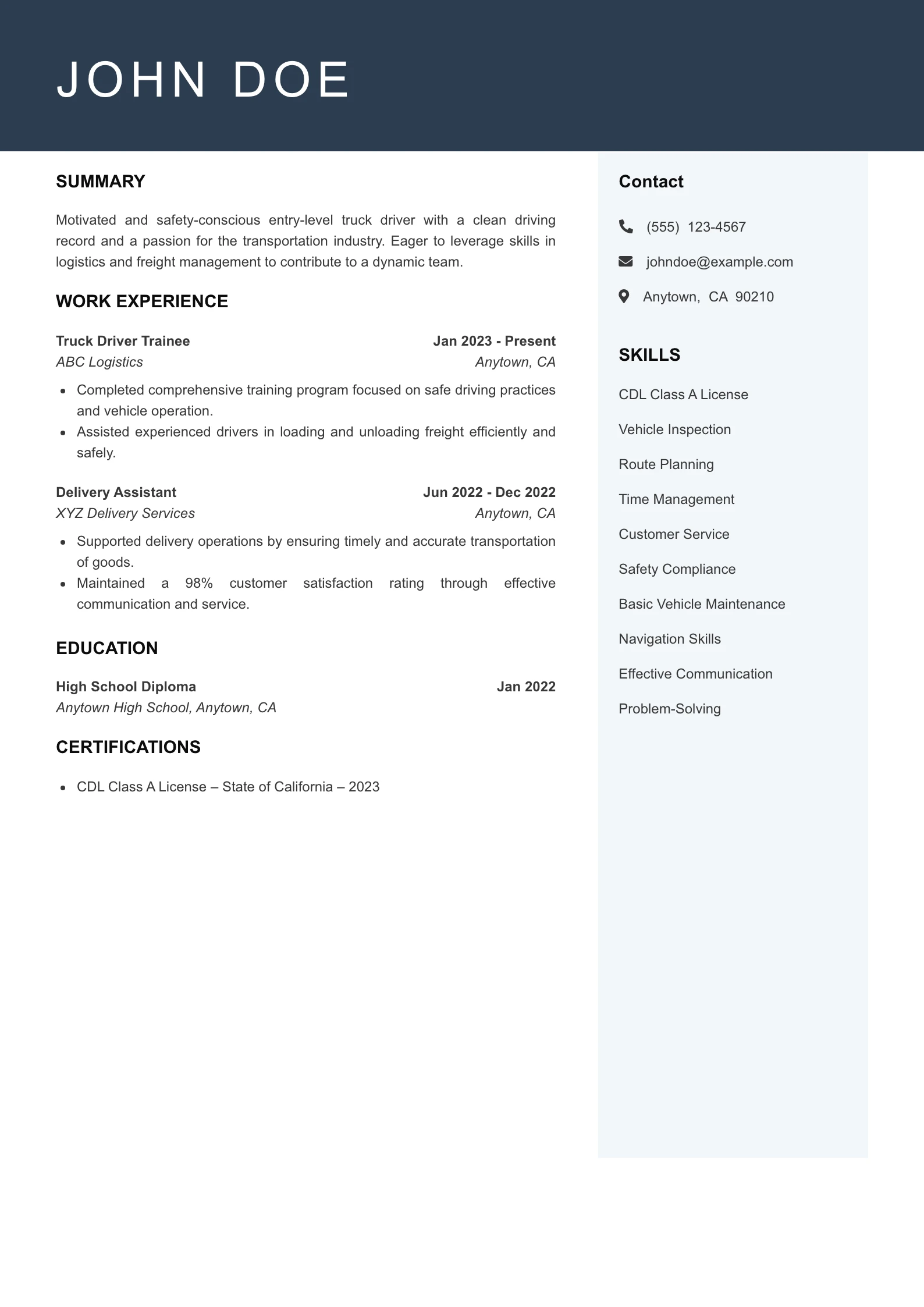 Entry Level Truck Driver Resume Example
