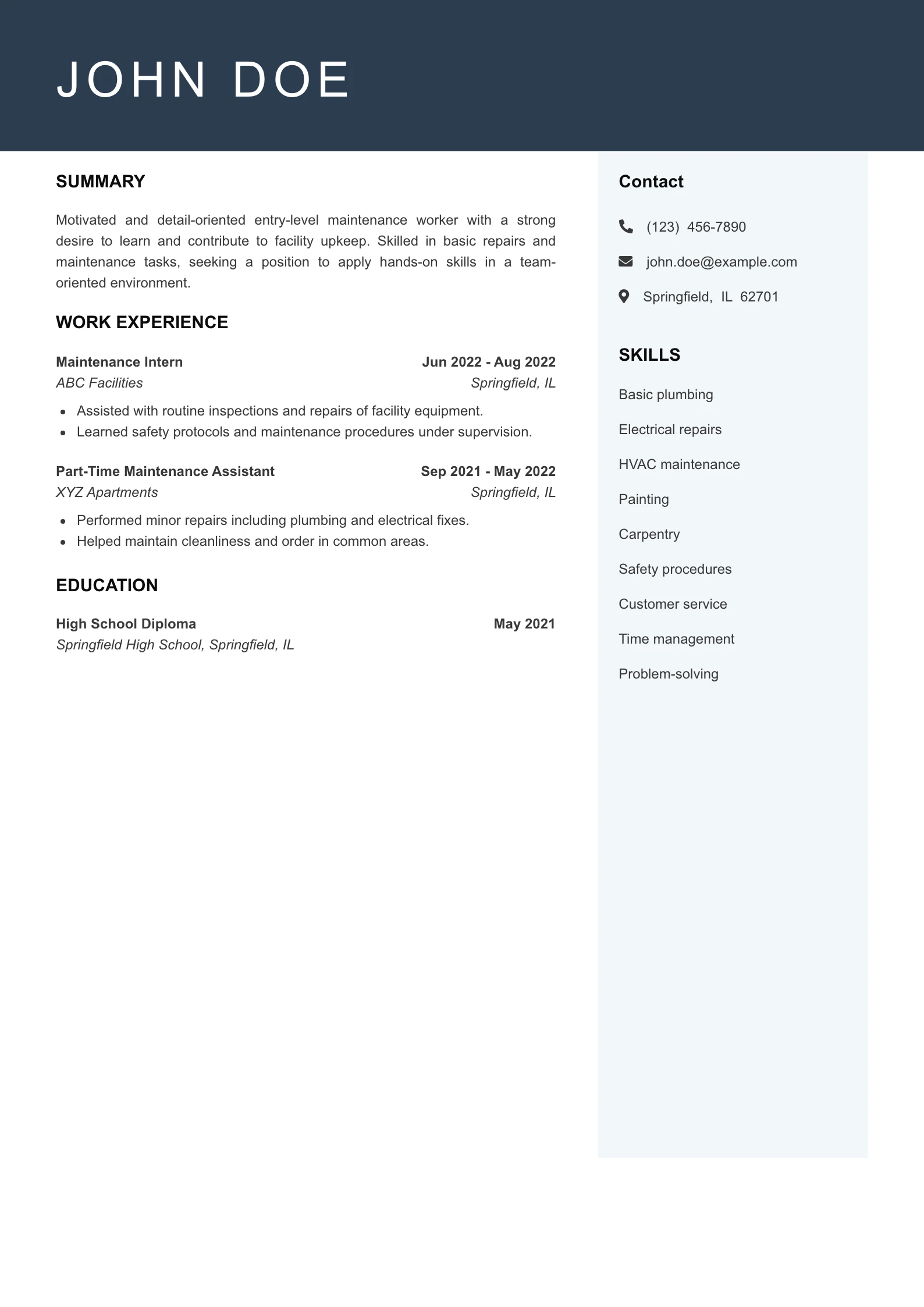 Entry Level Maintenance Worker Resume Example