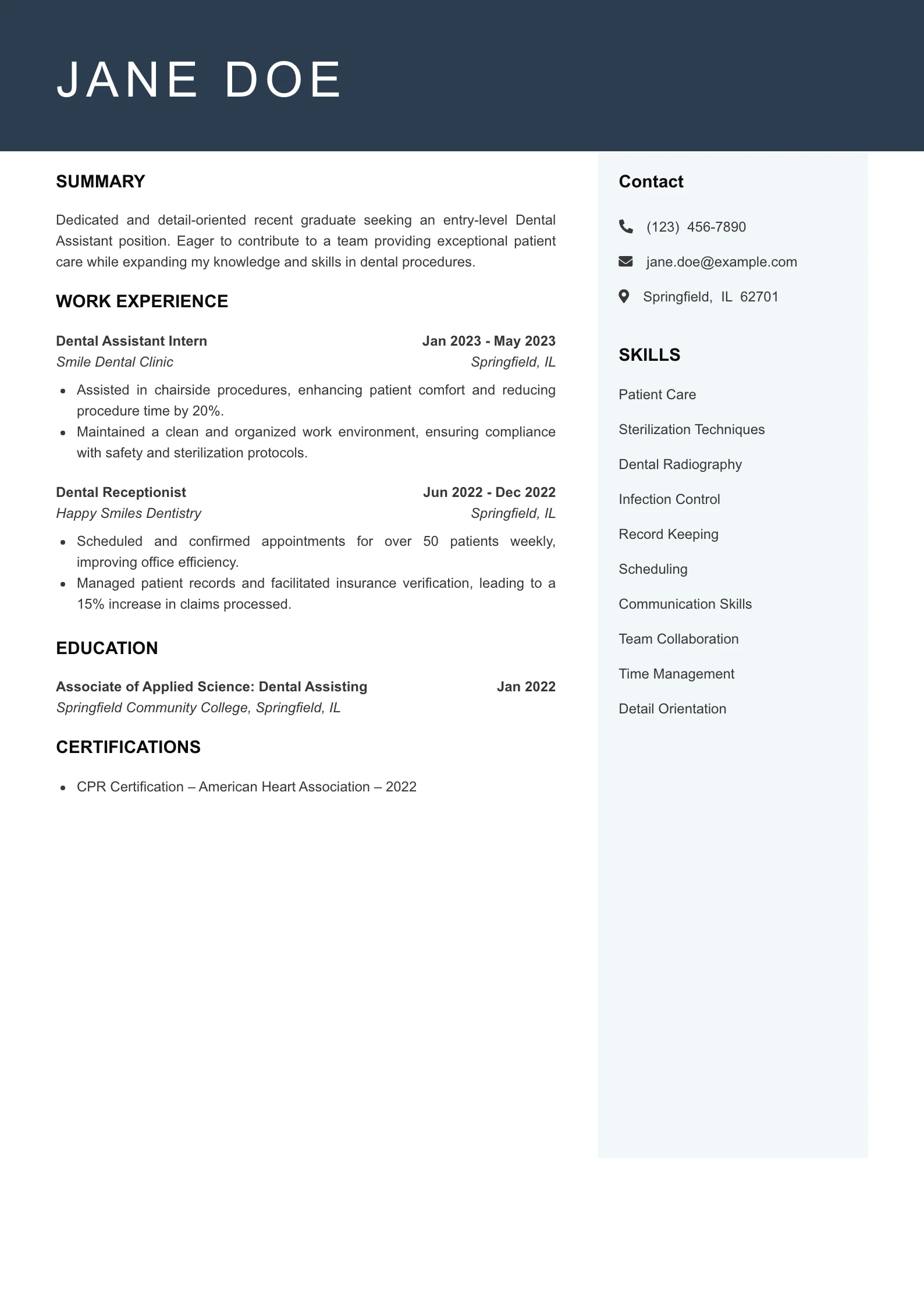 Entry Level Dental Assistant Resume Example