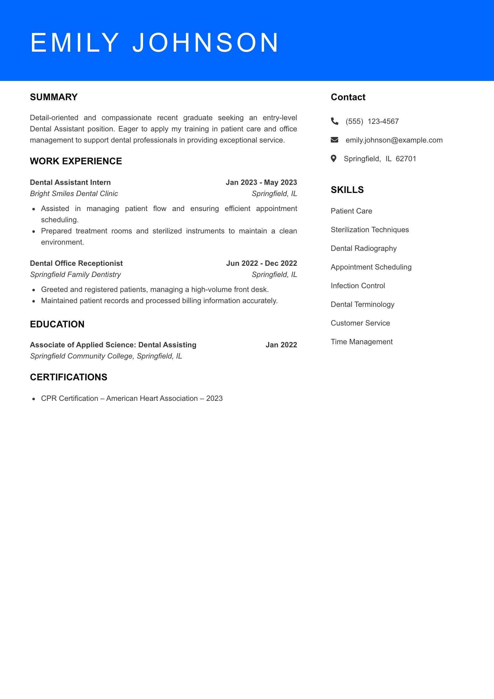 Selected Dental Assistant Resume