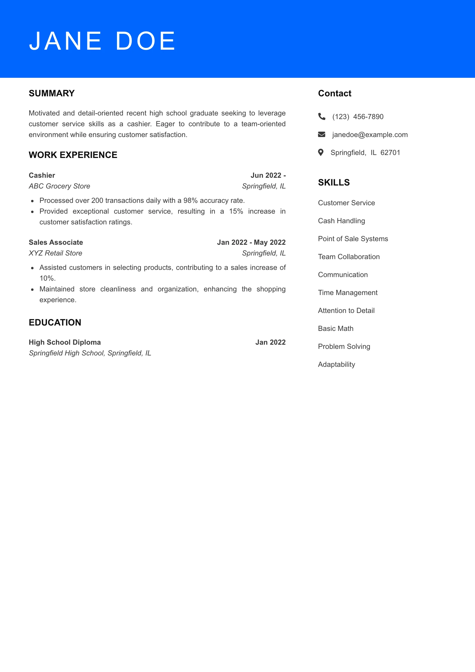 Selected Cashier Resume