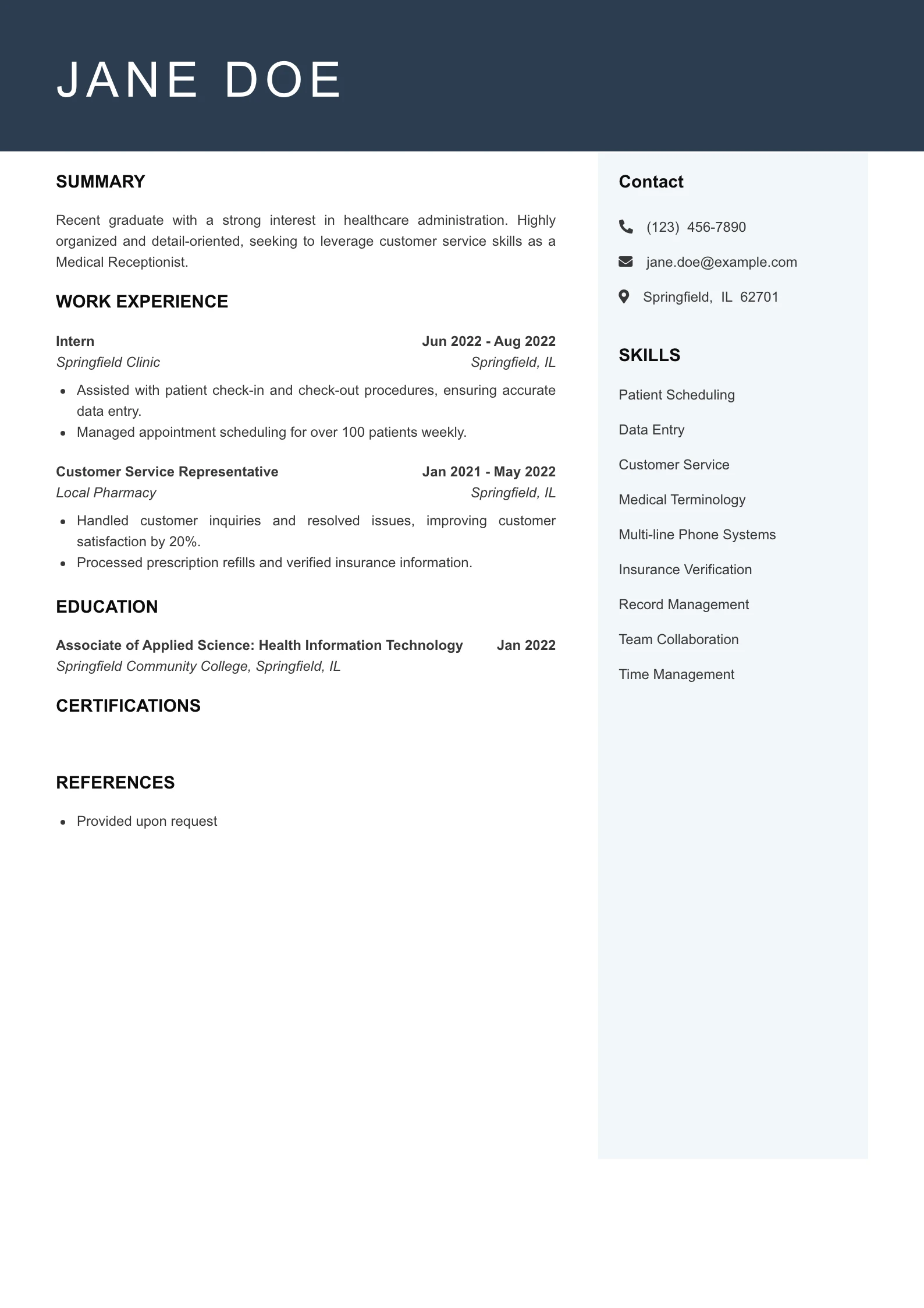 Entry Level Medical Receptionist Resume Example