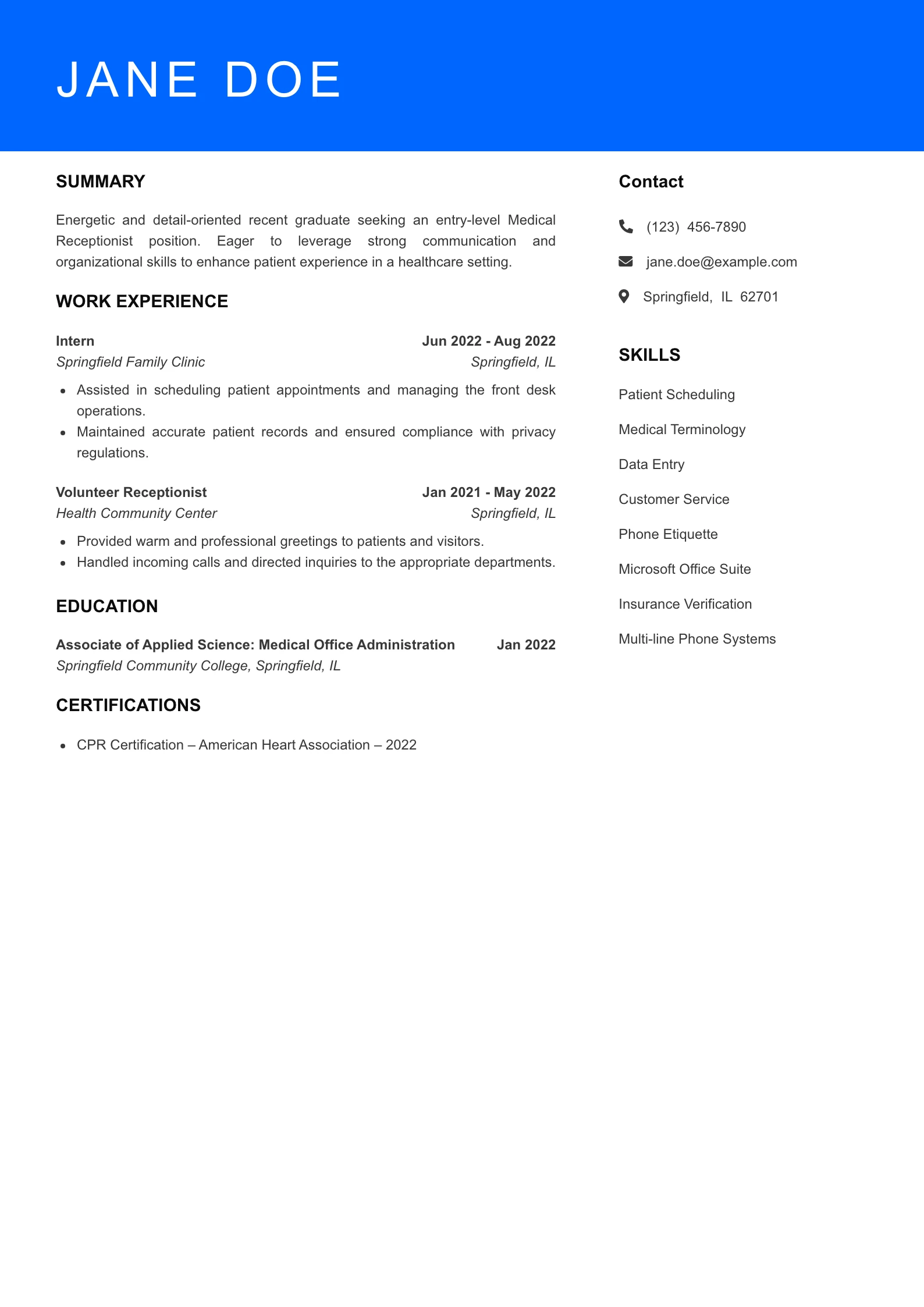 Selected Medical Receptionist Resume