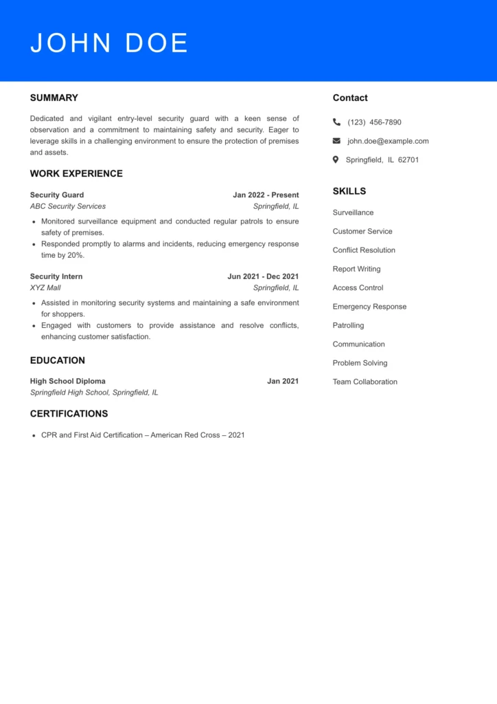 Security Guard Resume - Resume Builder Hub