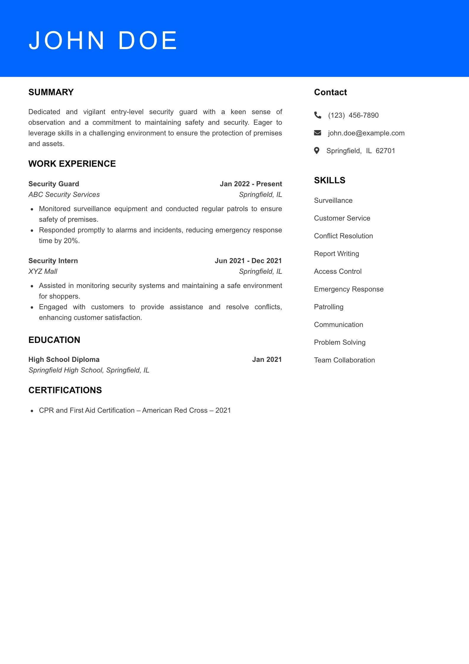 Entry Level Resume Preview