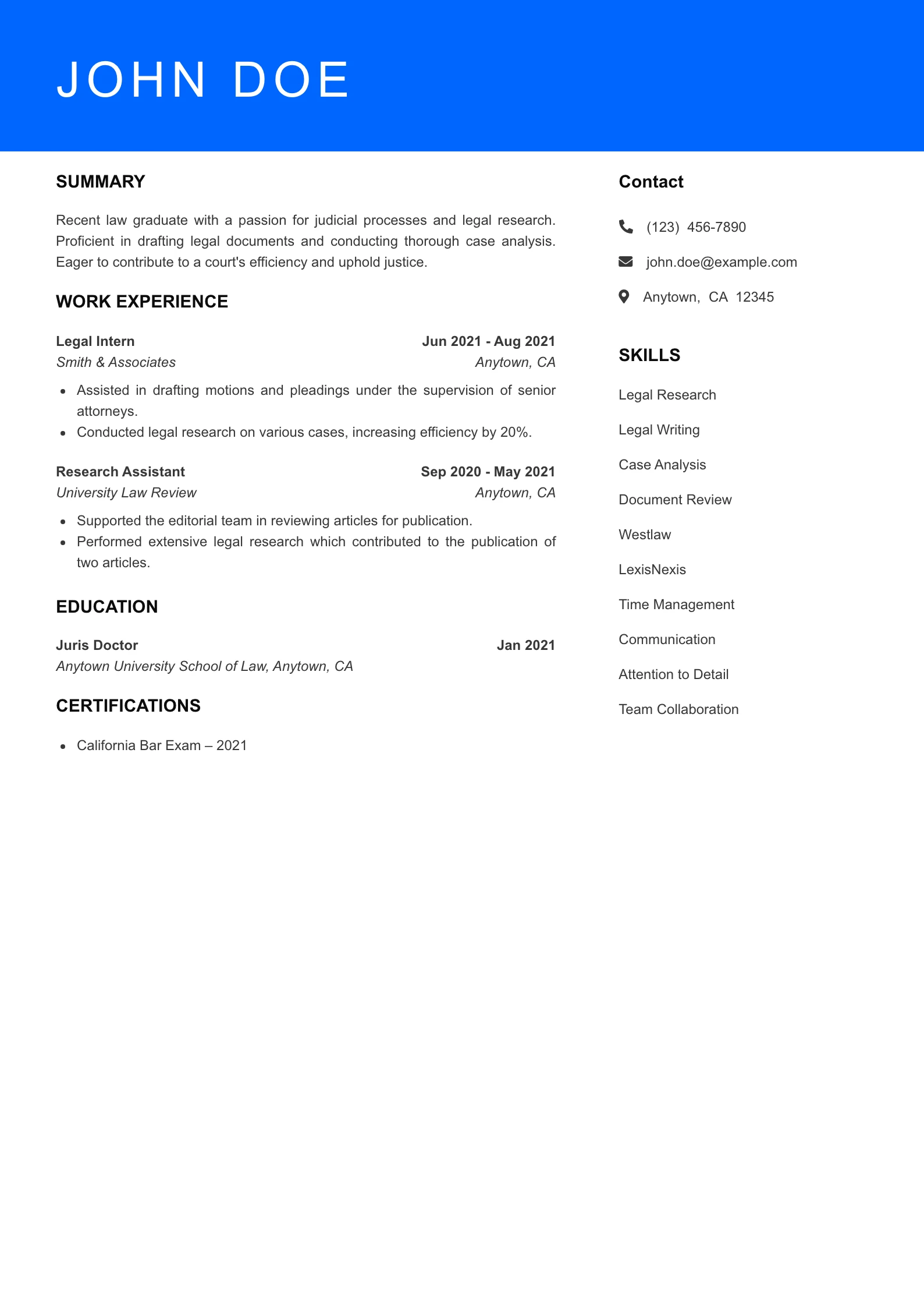 Entry Level Judicial Law Clerk Resume Example