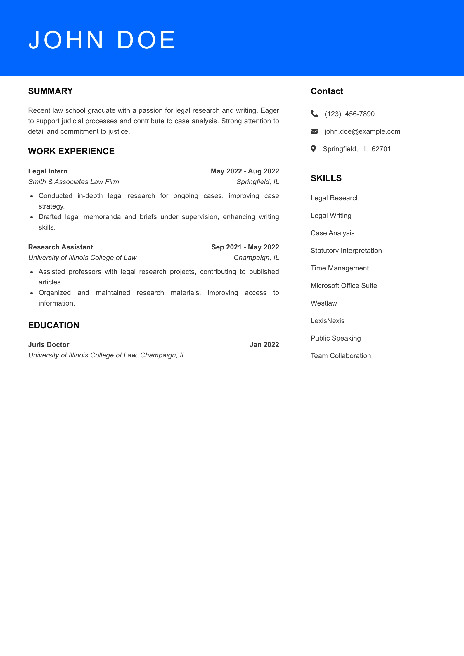 Selected Judicial Law Clerk Resume