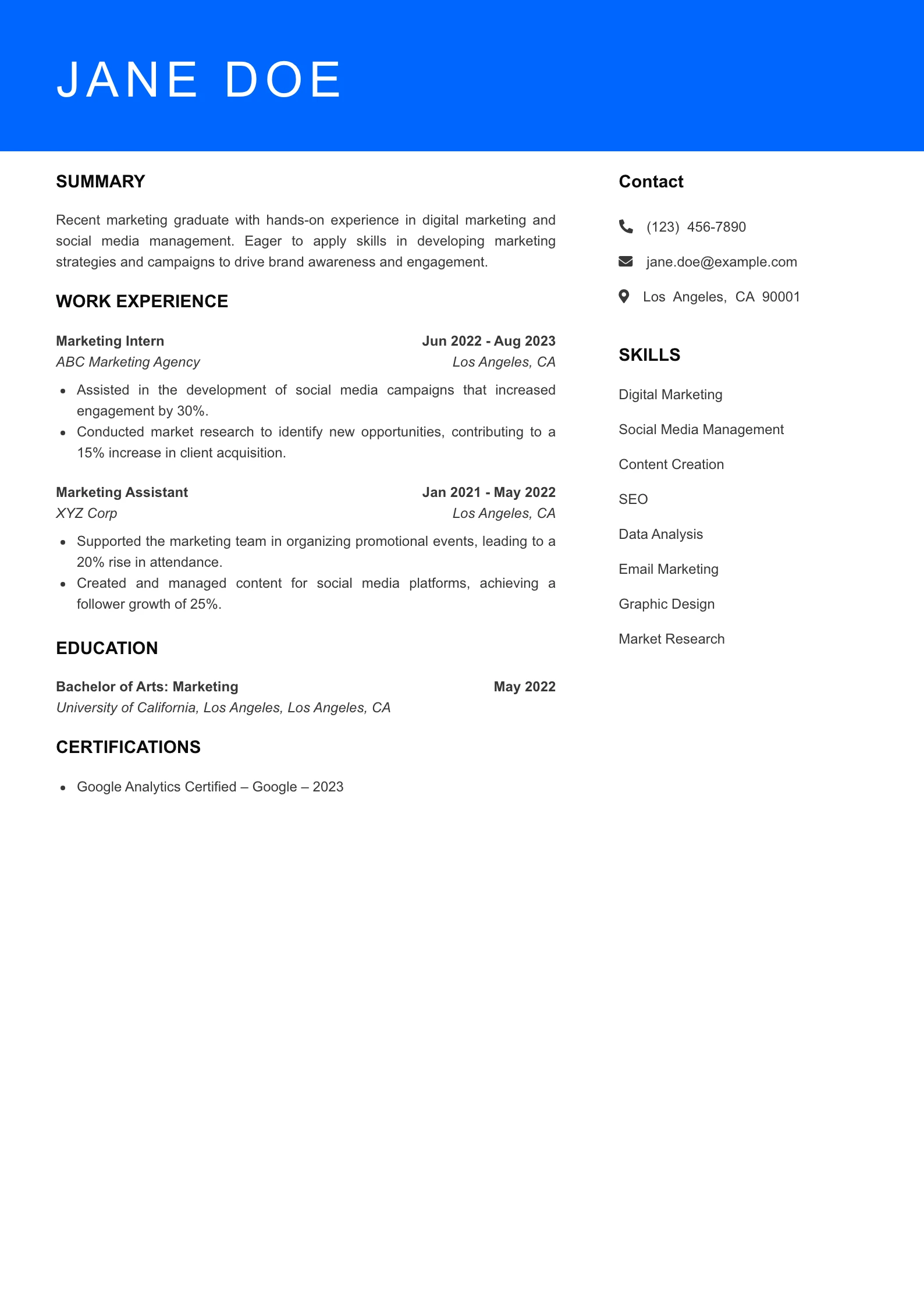 Entry Level Marketing Manager Resume Example
