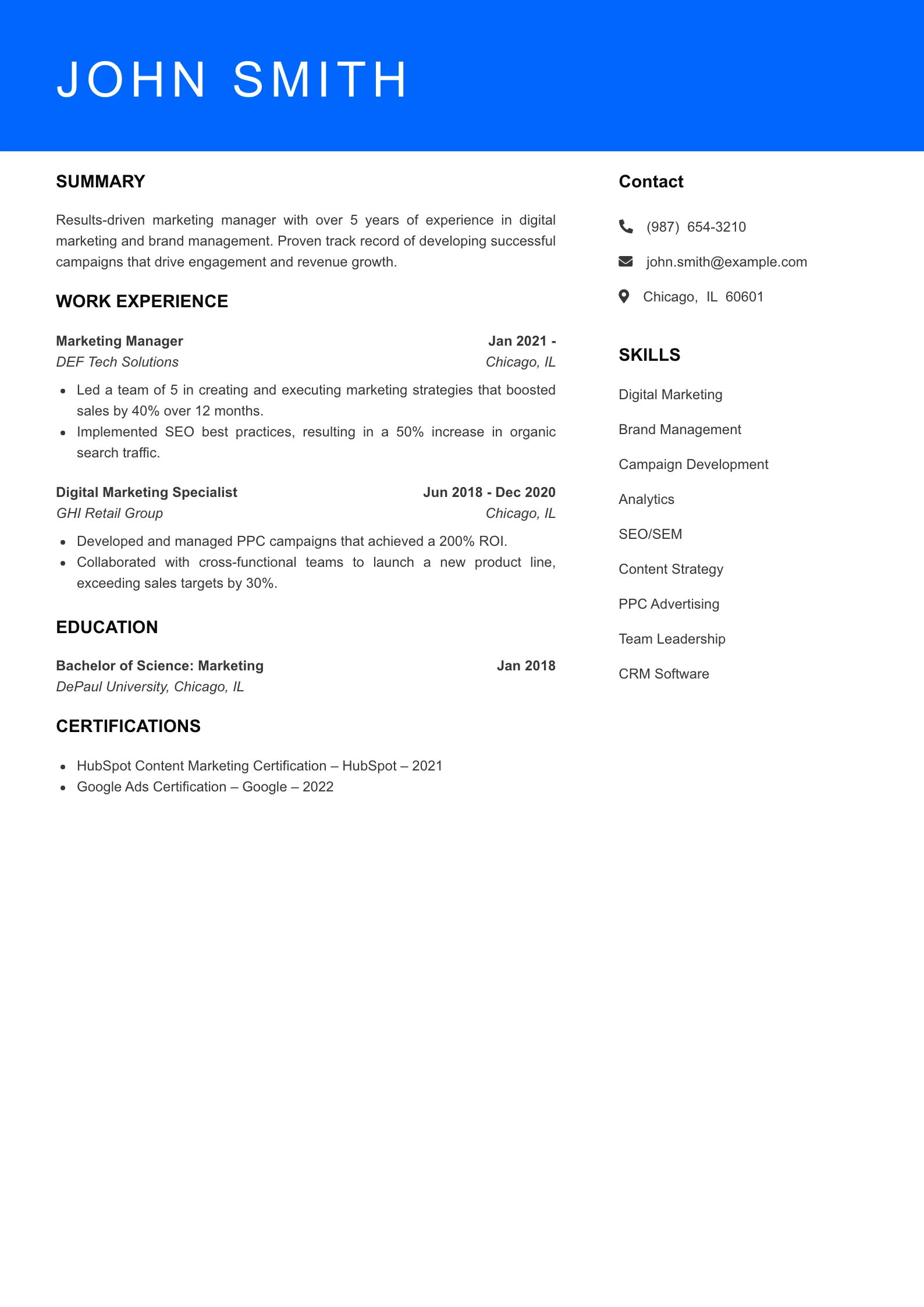 Mid Level Marketing Manager Resume Sample