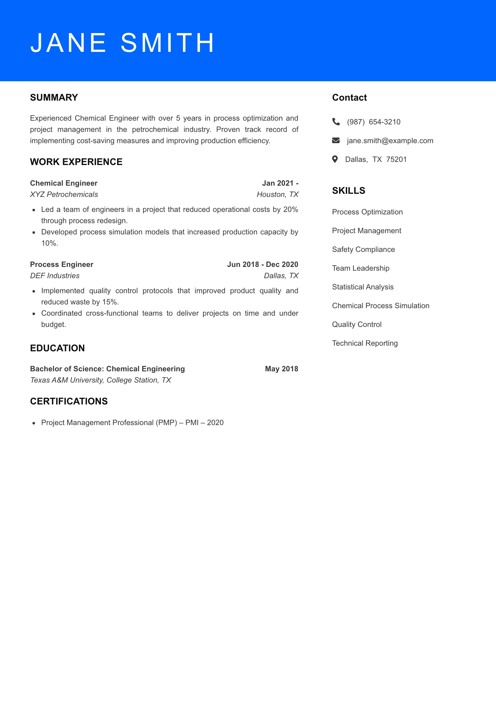 Mid Level Chemical Engineer Resume Example