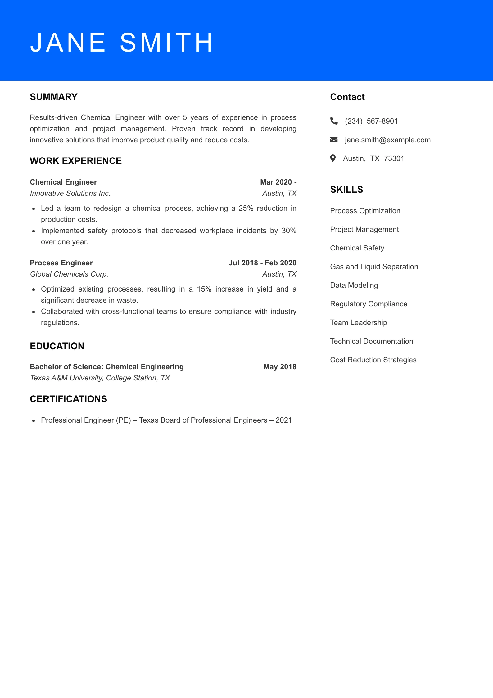 Mid Level Chemical Engineer Resume Sample