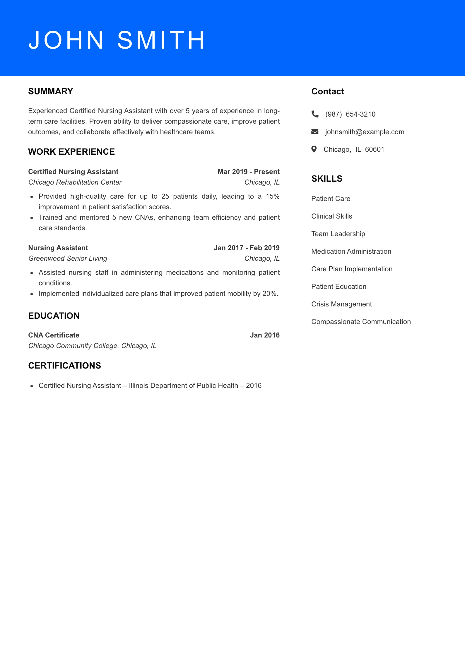 Mid Level CNA Resume Sample