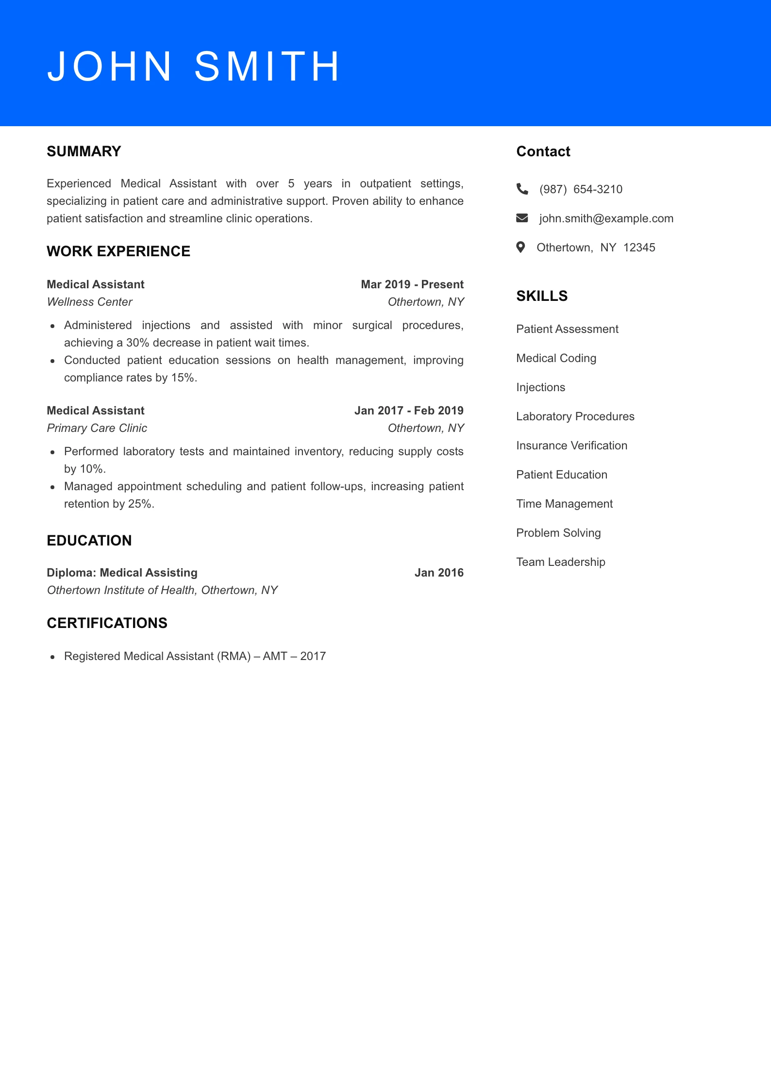 Mid Level Medical Assistant Resume Sample