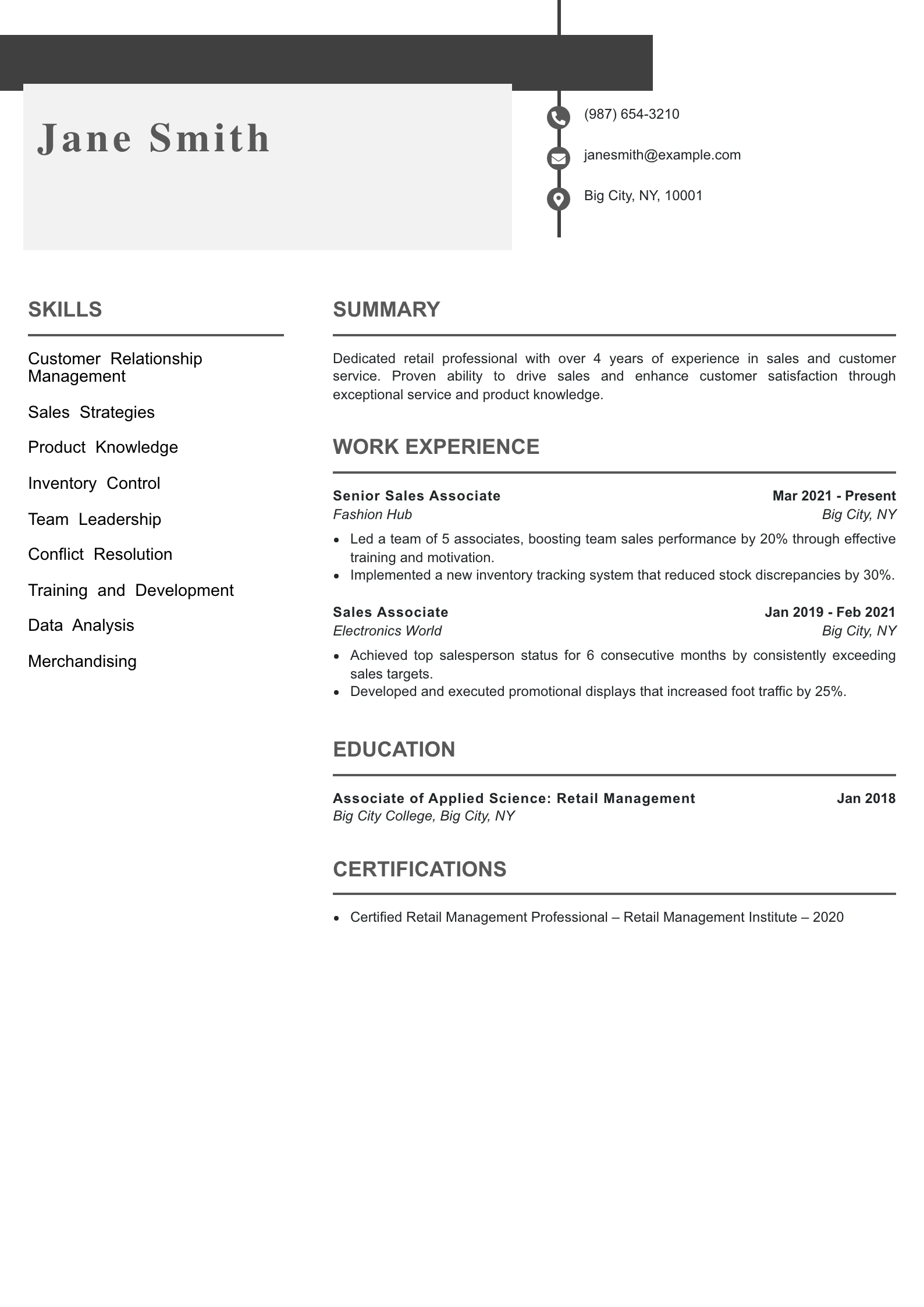 Mid Level Retail Associate Resume Example