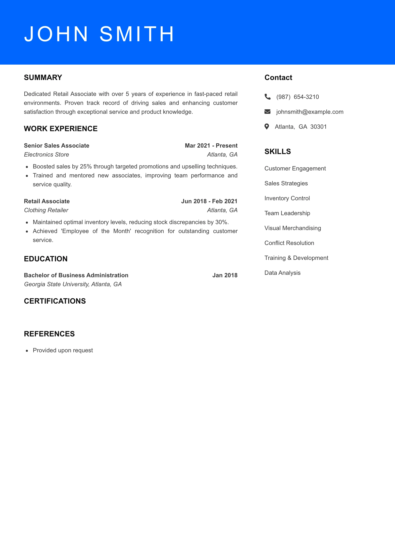 Mid Level Retail Associate Resume Sample