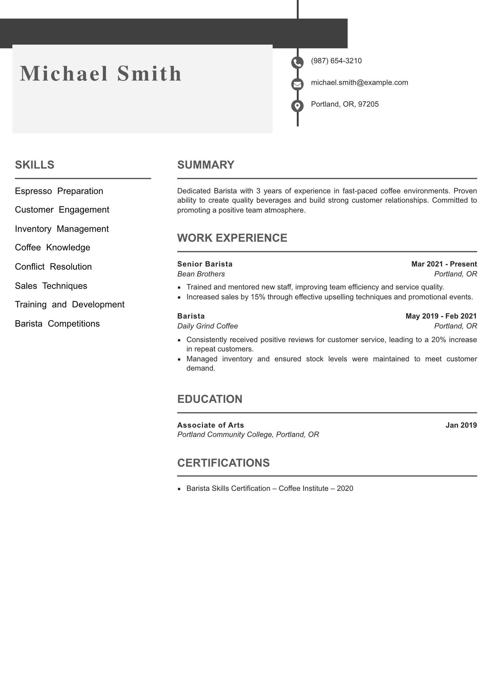 Mid Level Barista Resume Example